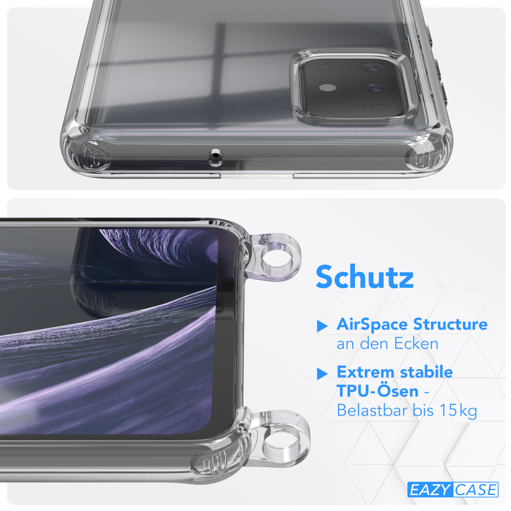 EAZY A71, CASE Transparente / Handyhülle Kordel Gold + Galaxy mit Umhängetasche, Flieder Samsung, Karabiner, breiter