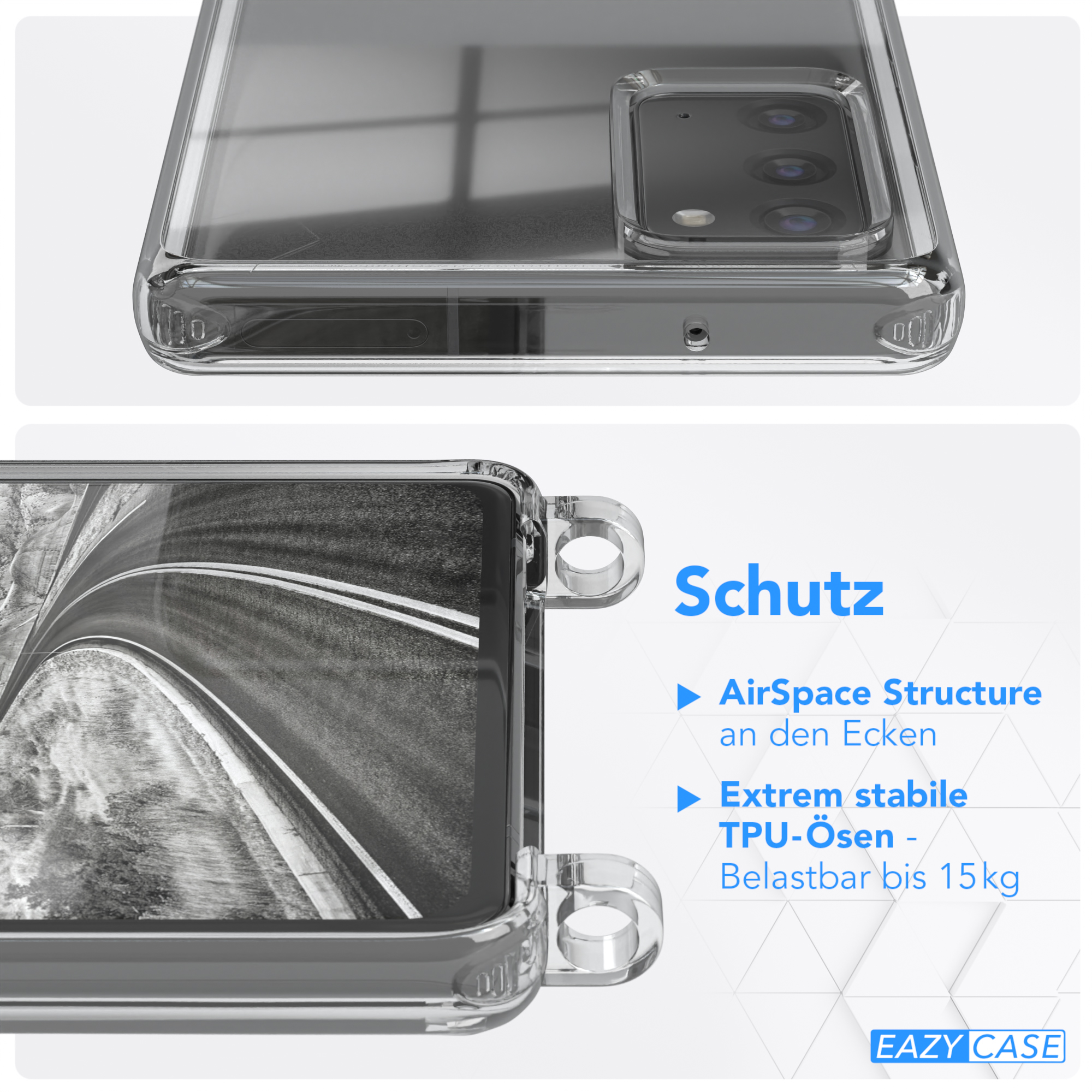 Nahaufnahme der Handyhülle. Text: AirSpace Structure an den Ecken & Extrem stabile TPU-Ösen.
