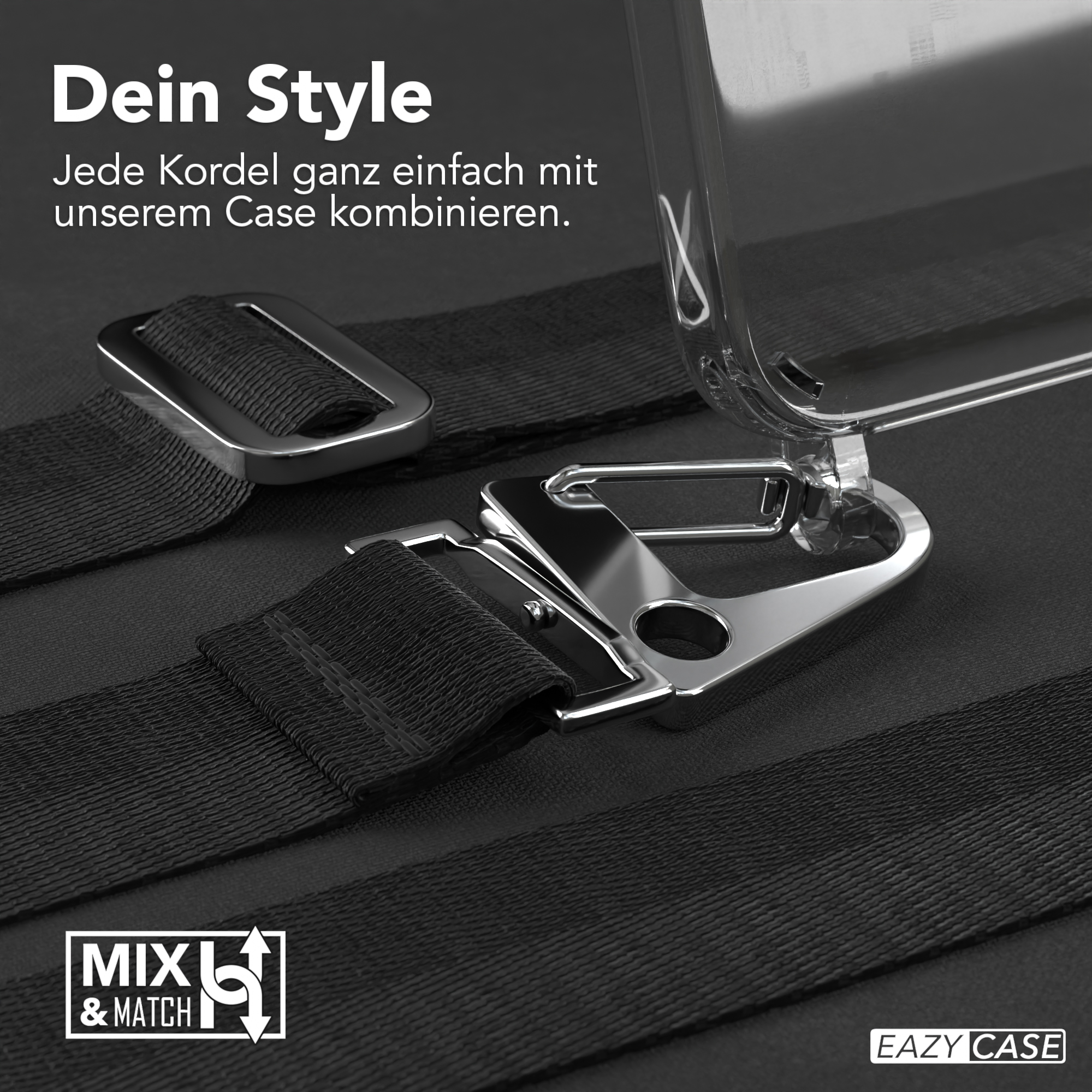 Eine Handyhülle mit Riemen und Metallverschluss wird vor schwarzem Stoff gezeigt.