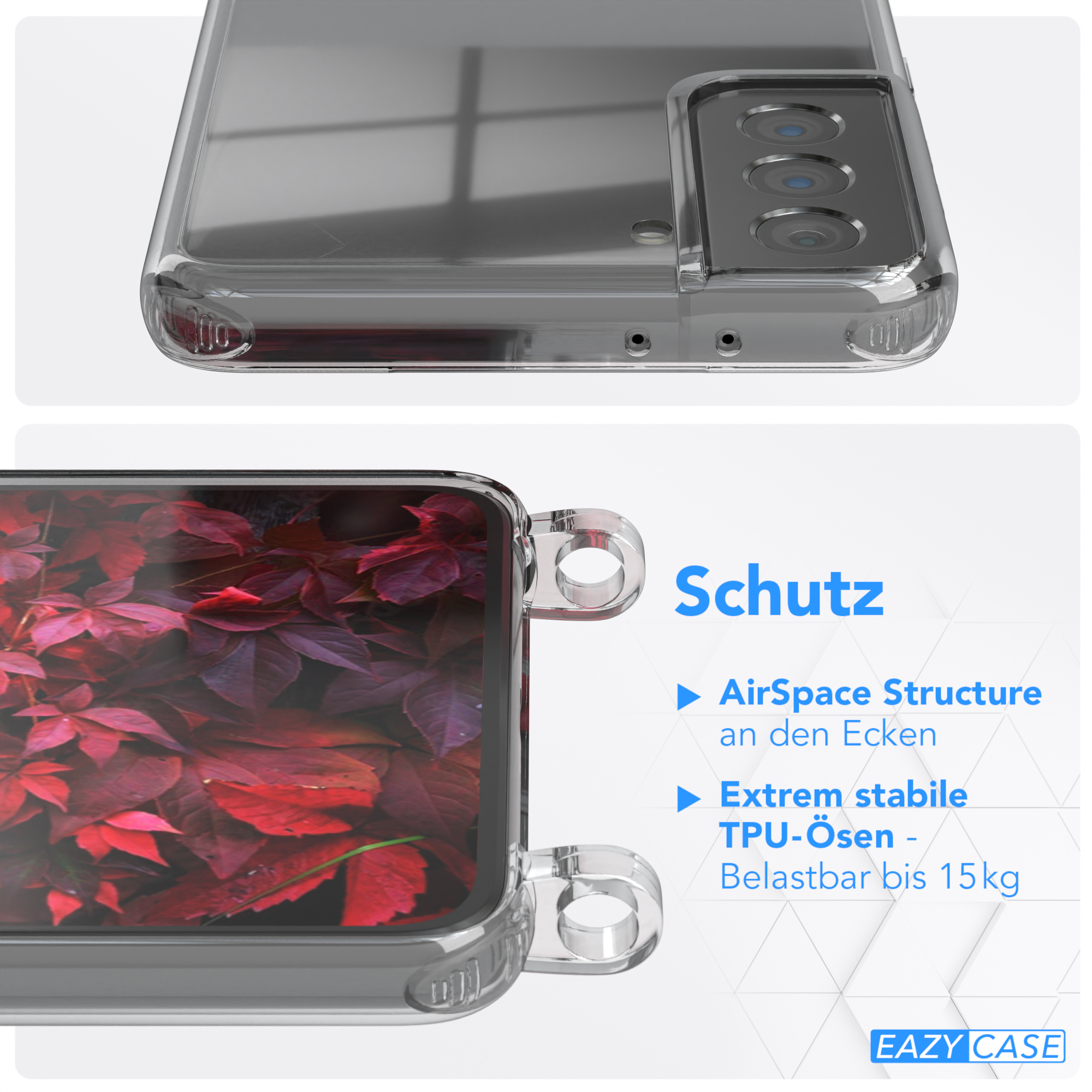 EAZY CASE Transparente Handyhülle mit S21 Plus Rot Galaxy Samsung, Burgundy Umhängetasche, breiter Karabiner, + Kordel 5G, Beere 