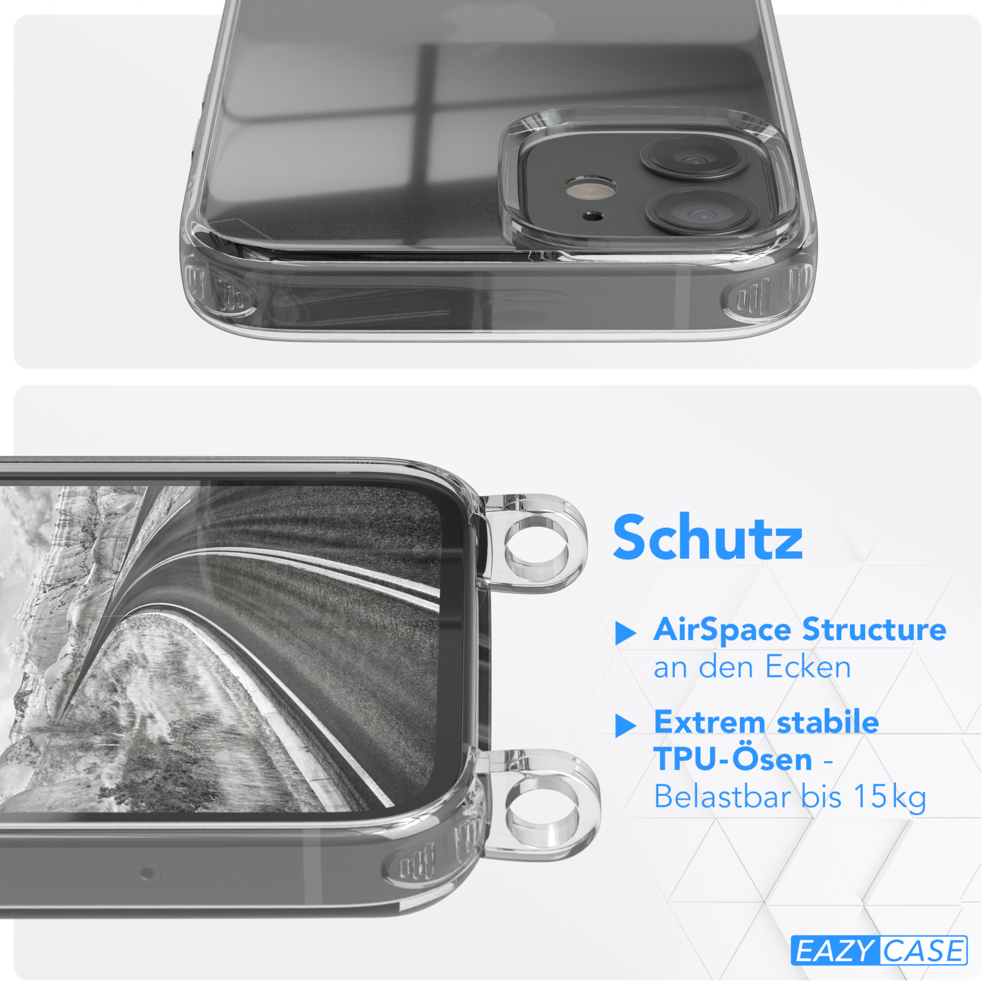 Transparente Handyhülle mit Straße, verstärkten Ecken und Text.