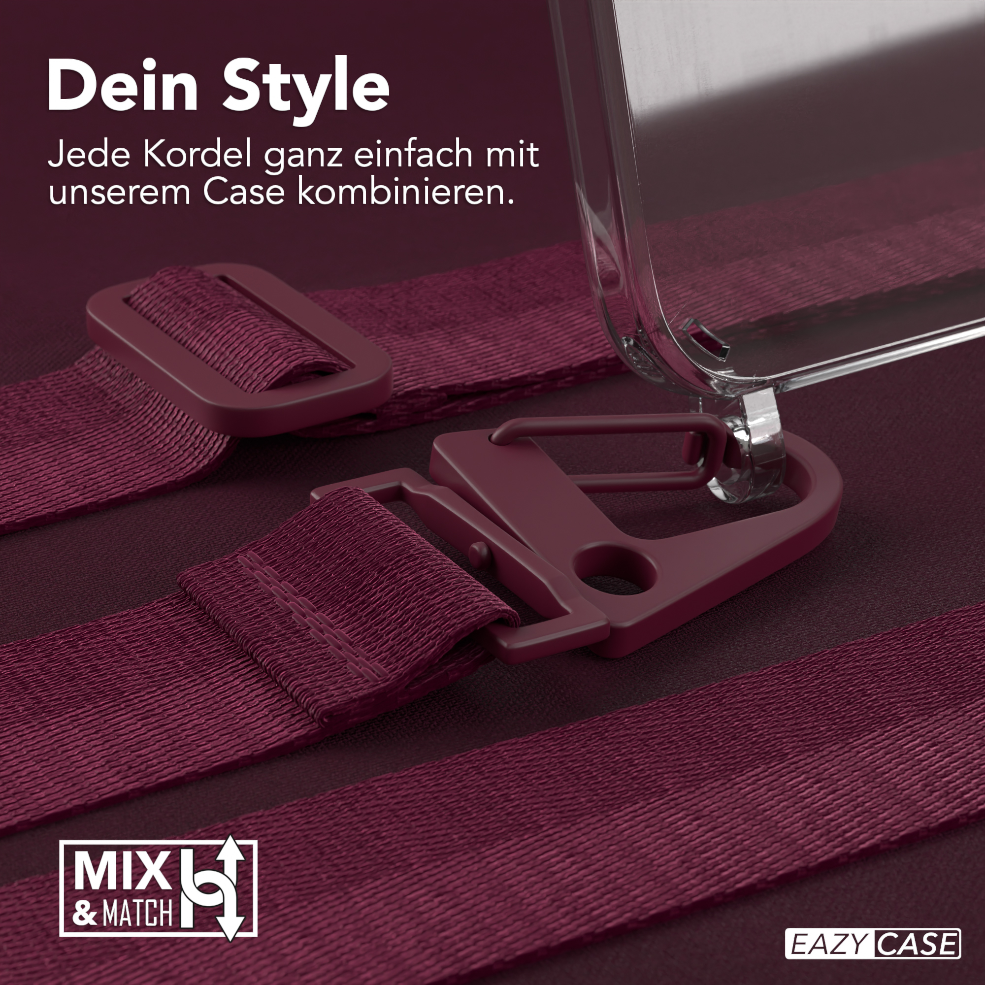 Eine Handyhülle mit einem Gurt, mit einem Logo und Text, der lautet: 'Dein Style'.