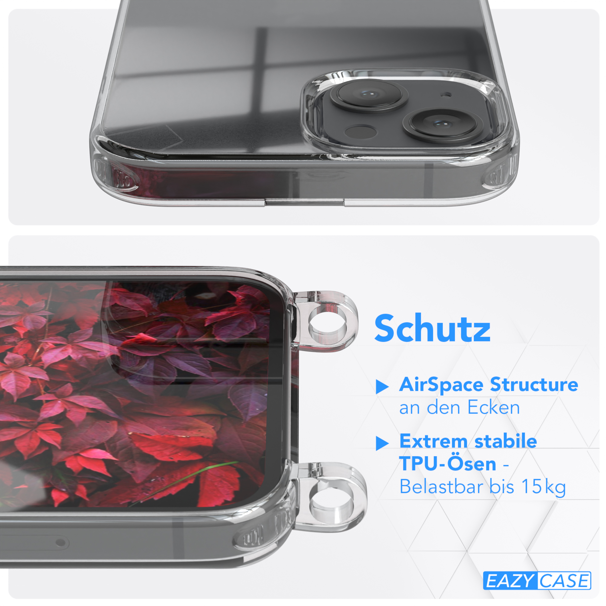Transparente Handyhülle, zeigt rotes Blattmuster. Schutzfunktionen hervorgehoben.