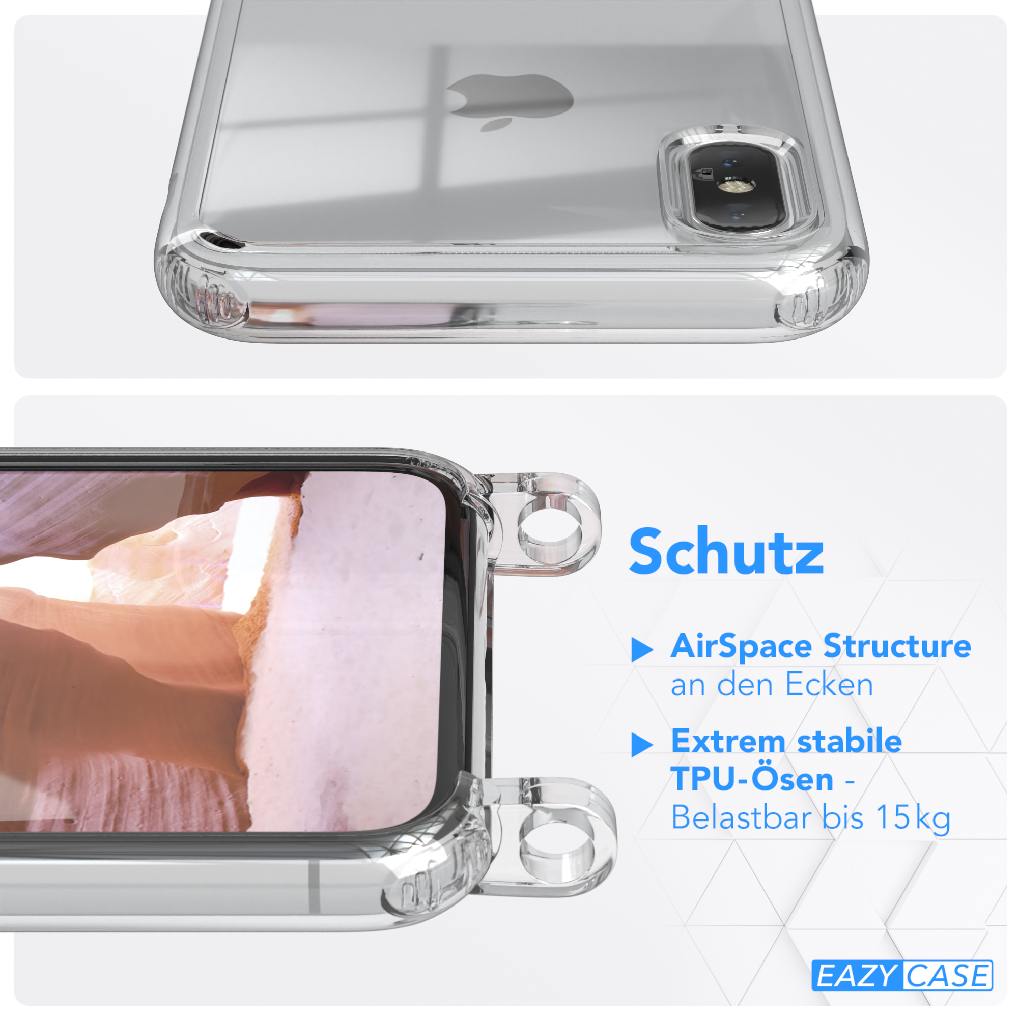 Transparente Handyhülle mit Apple-Logo und Banner mit Text über Schutzfunktionen.