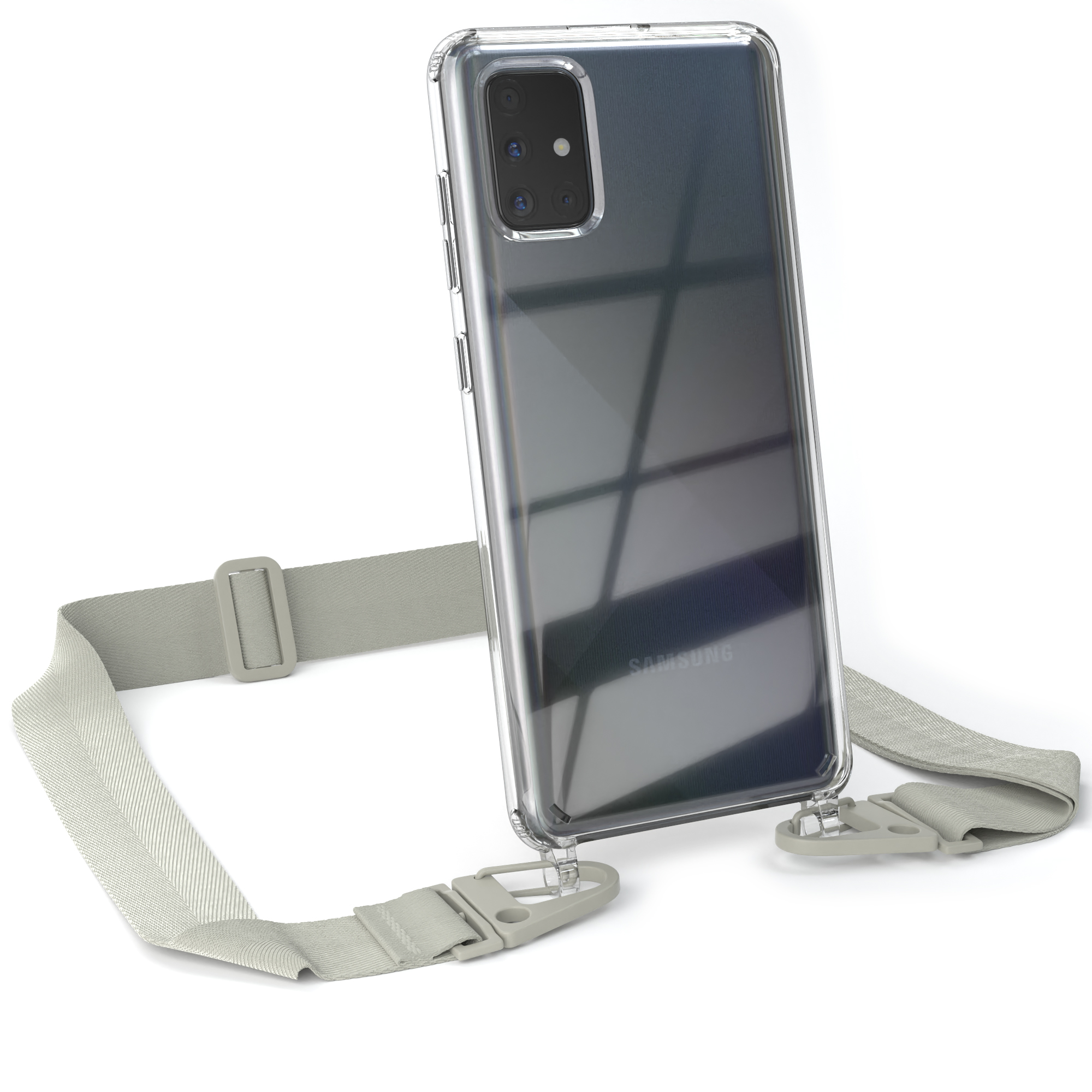 EAZY CASE Transparente Beige Grau + Karabiner, Umhängetasche, Taupe breiter mit A71, Handyhülle Galaxy / Kordel Samsung