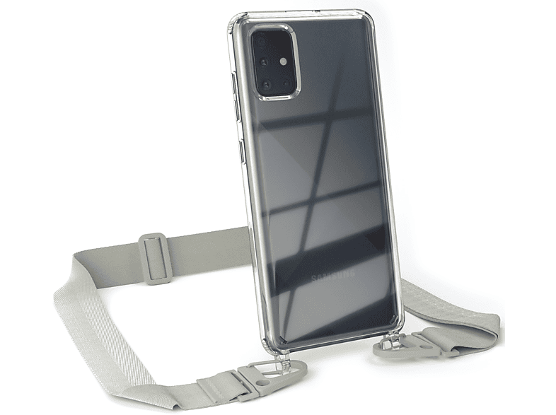 EAZY CASE Transparente Handyhülle mit breiter Kordel + Karabiner, Umhängetasche, Samsung, Galaxy A71, Beige Grau / Taupe
