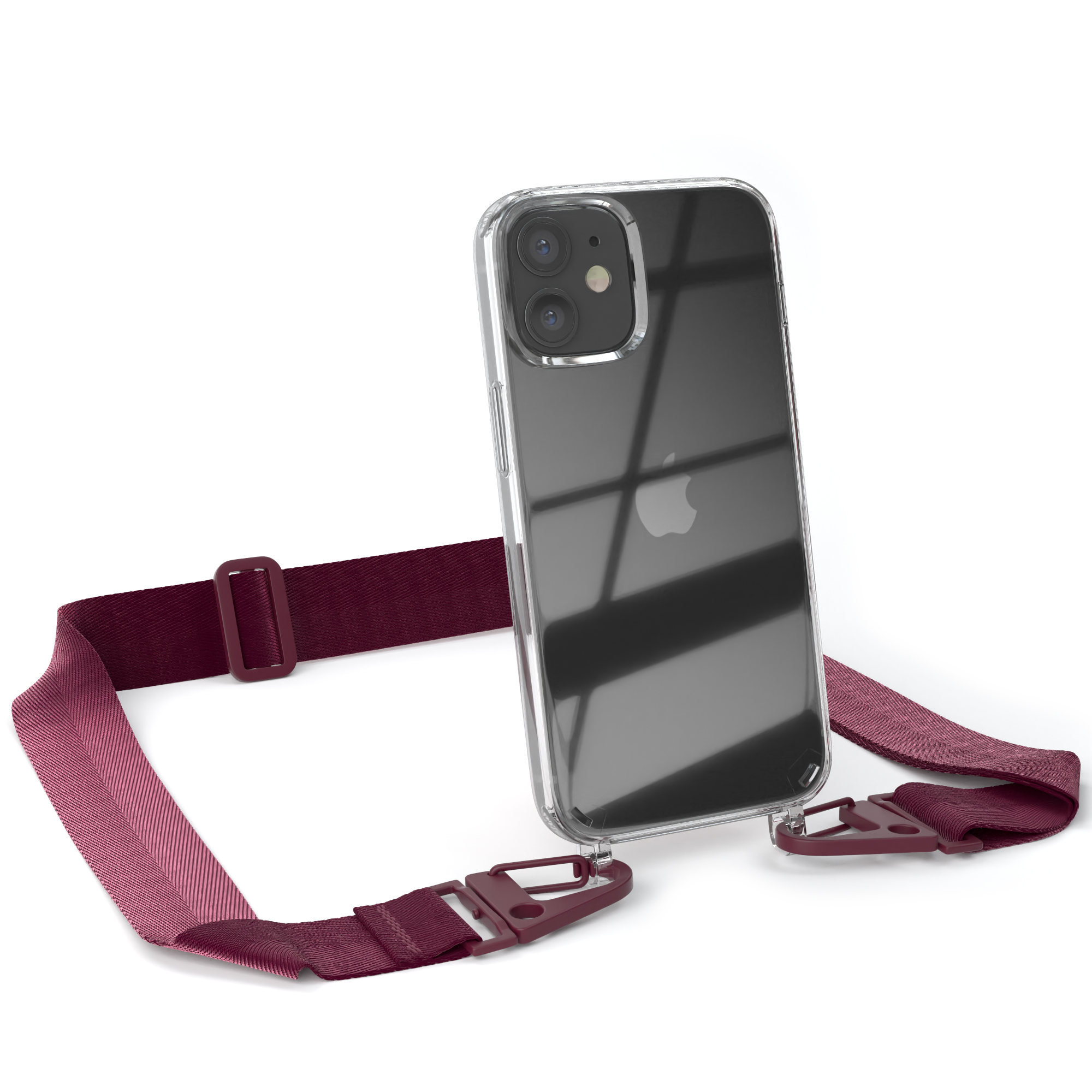 Ein Telefon in einer transparenten Hülle mit einem weinroten Riemen. Das Telefon hängt, der Riemen ist an der Hülle befestigt.