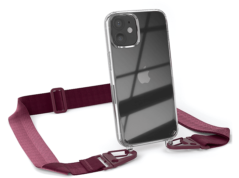 EAZY CASE Transparente Handyhülle mit breiter Kordel + Karabiner, Umhängetasche, Apple, iPhone 12 Mini, Rot Beere / Burgundy