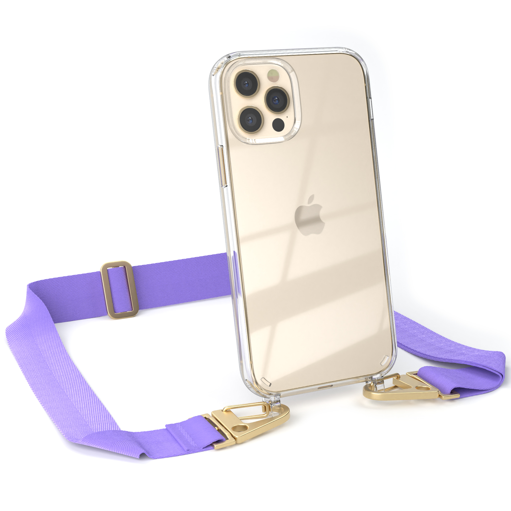 Transparente Handyhülle mit lila Trageriemen. Telefon hat ein Apple-Logo auf der Rückseite.