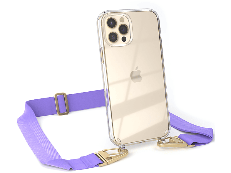 EAZY 12 Flieder / Transparente Pro, CASE Umhängetasche, Gold iPhone Handyhülle mit breiter + Kordel Karabiner, 12 Apple, /