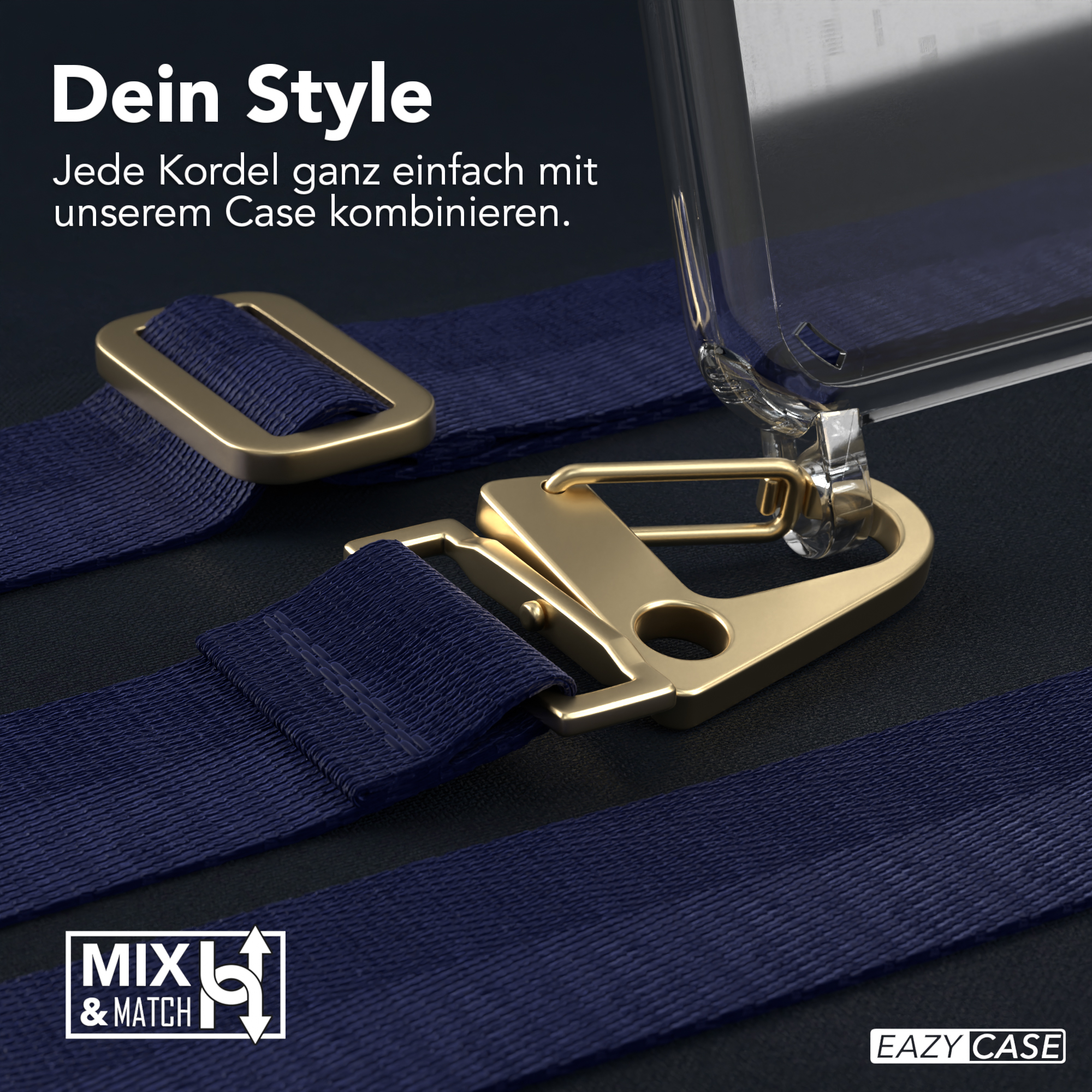 Nahaufnahme einer Handyhülle mit blauem Gurt und goldenen Anschlüssen. Die Hülle ist für ein Telefon.
