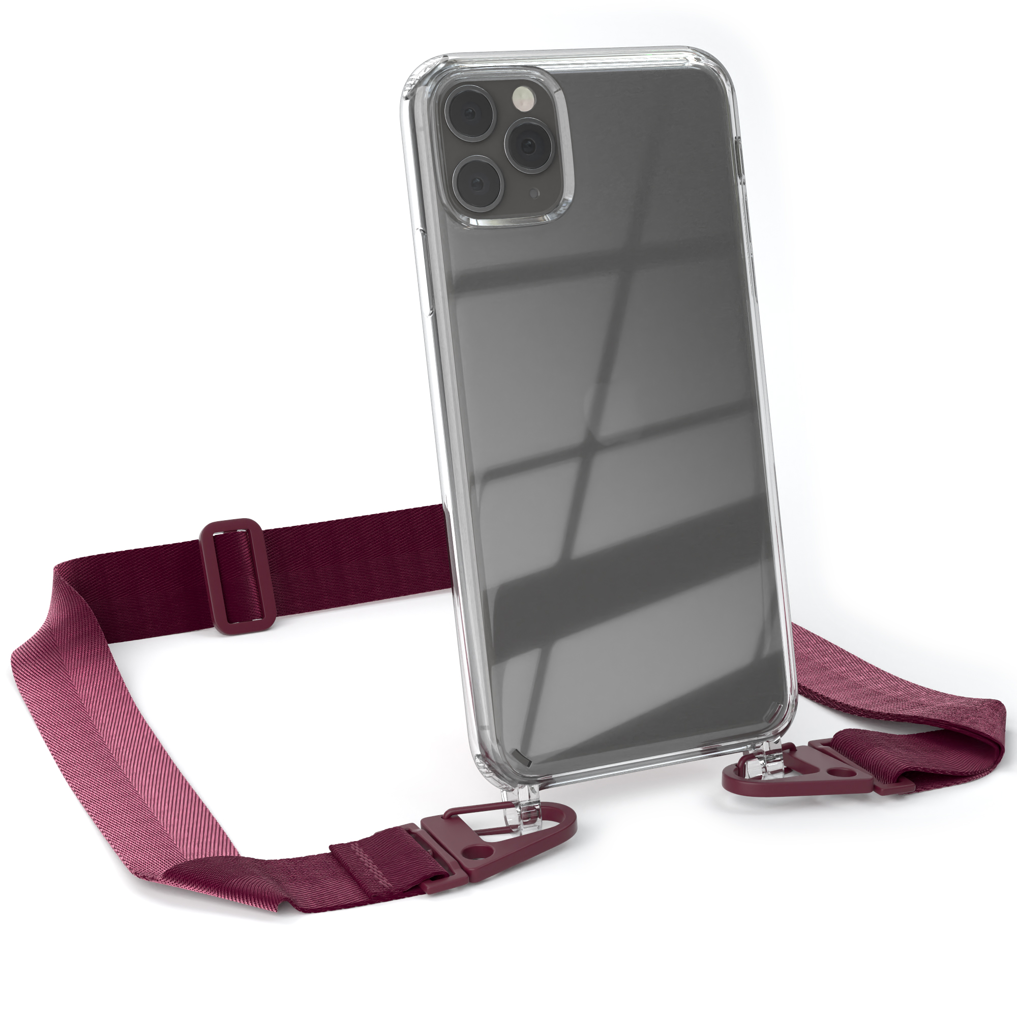 Handyhülle Pro Beere breiter iPhone / CASE Rot Max, Karabiner, mit Transparente Apple, Umhängetasche, 11 EAZY Kordel + Burgundy