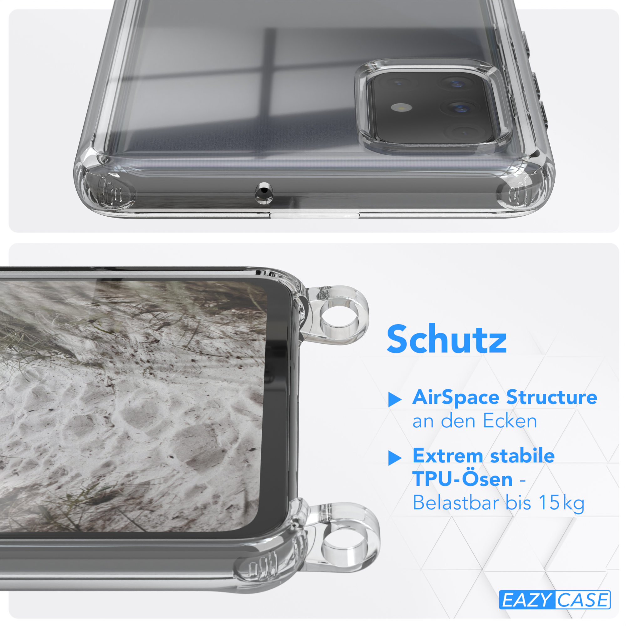Karabiner, mit Galaxy Beige / breiter Grau Umhängetasche, + EAZY Kordel CASE Taupe A71, Handyhülle Transparente Samsung,
