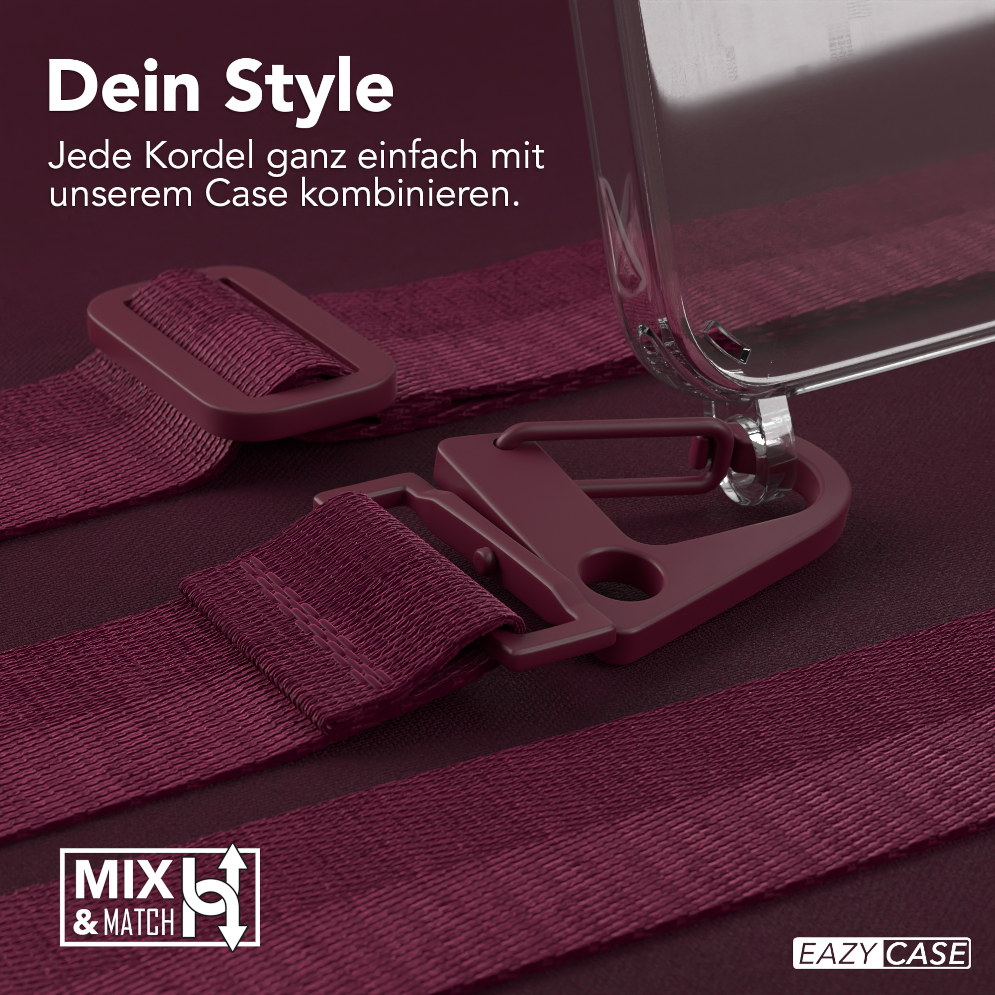 Eine Handyhülle mit Trägern und einem Verschluss. Hülle und Träger sind weinrot.