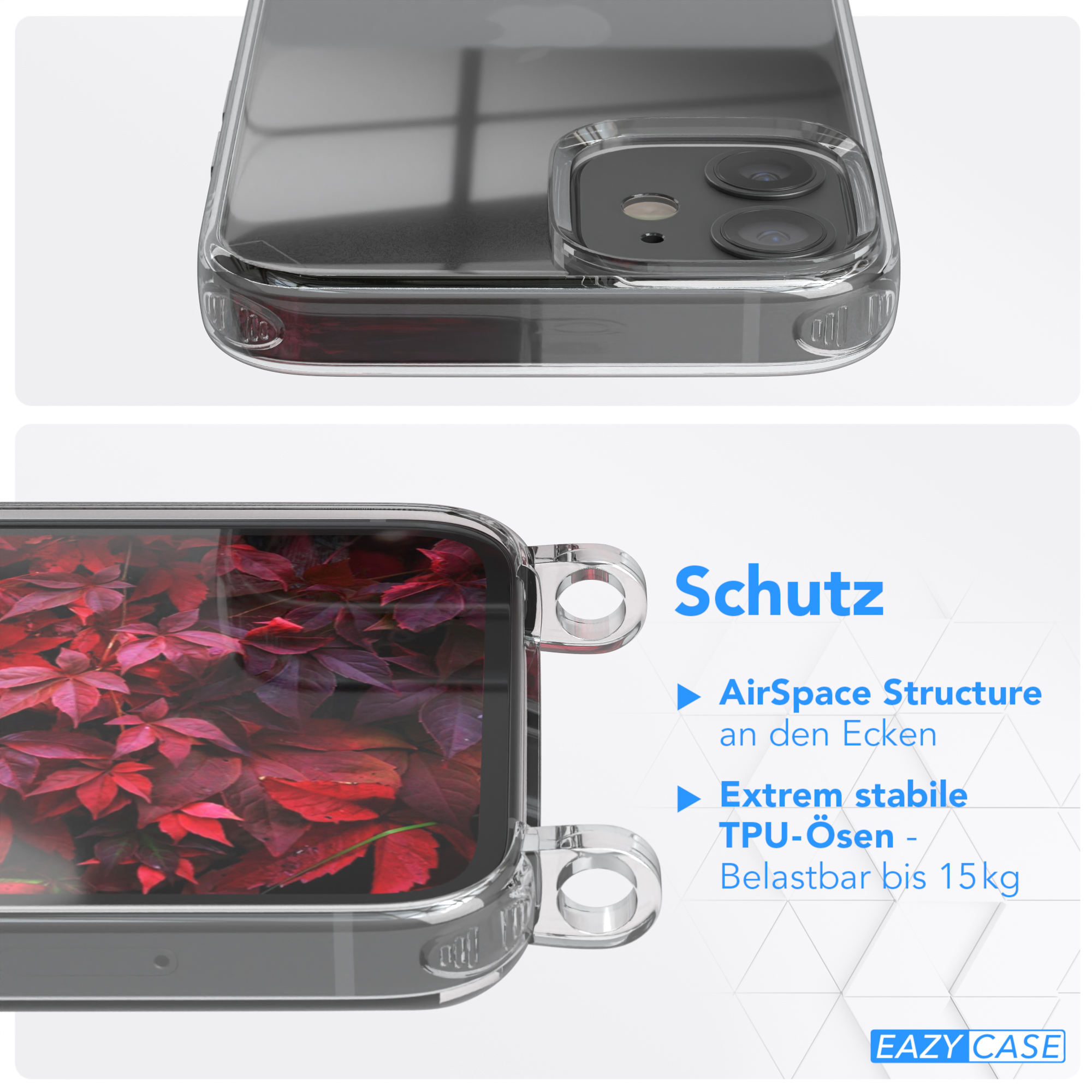 + Handyhülle Rot Umhängetasche, EAZY Transparente Beere iPhone / CASE 12 Kordel Karabiner, Mini, mit Burgundy Apple, breiter