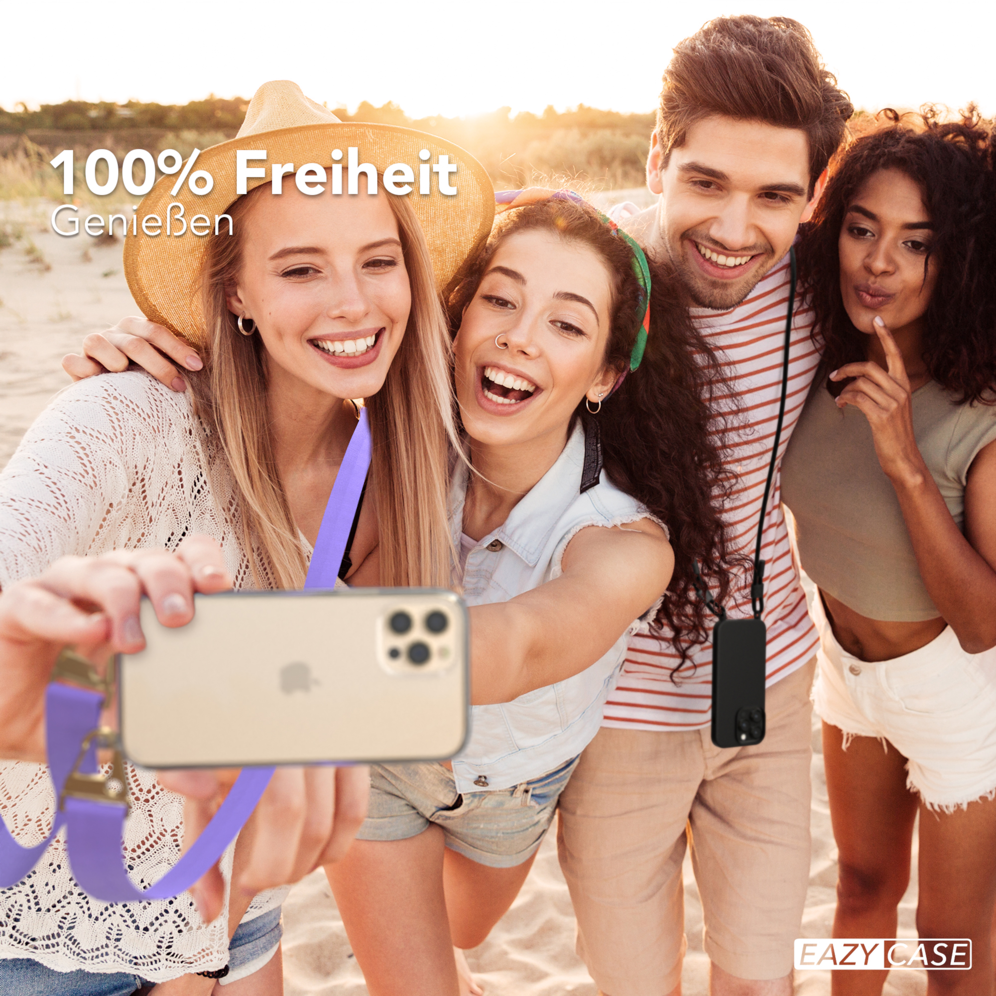 Freunde machen Selfie. Einer hält Telefon mit lila Band.