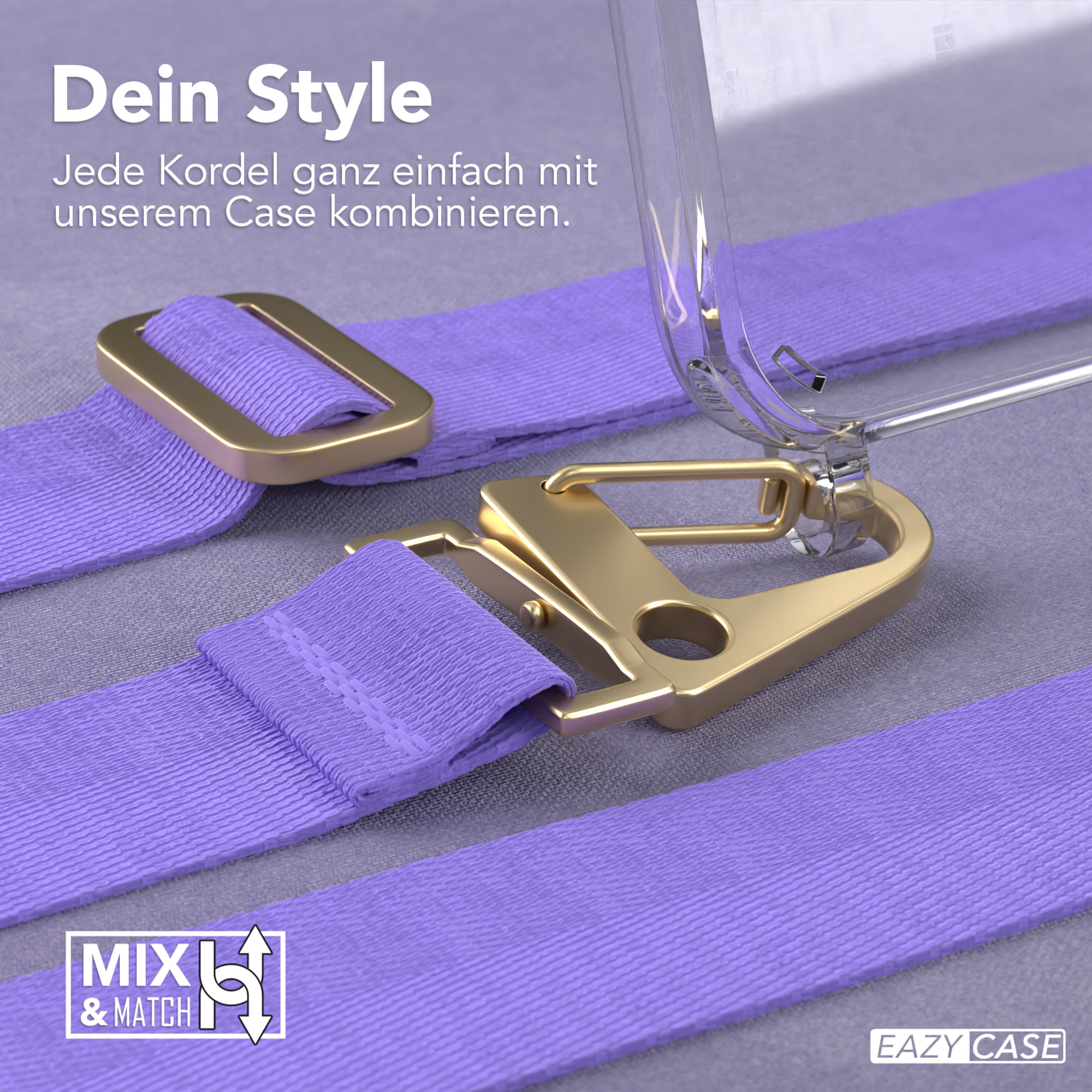 Nahaufnahme einer Handyhülle und eines Riemens mit goldfarbener Hardware auf lila Hintergrund.
