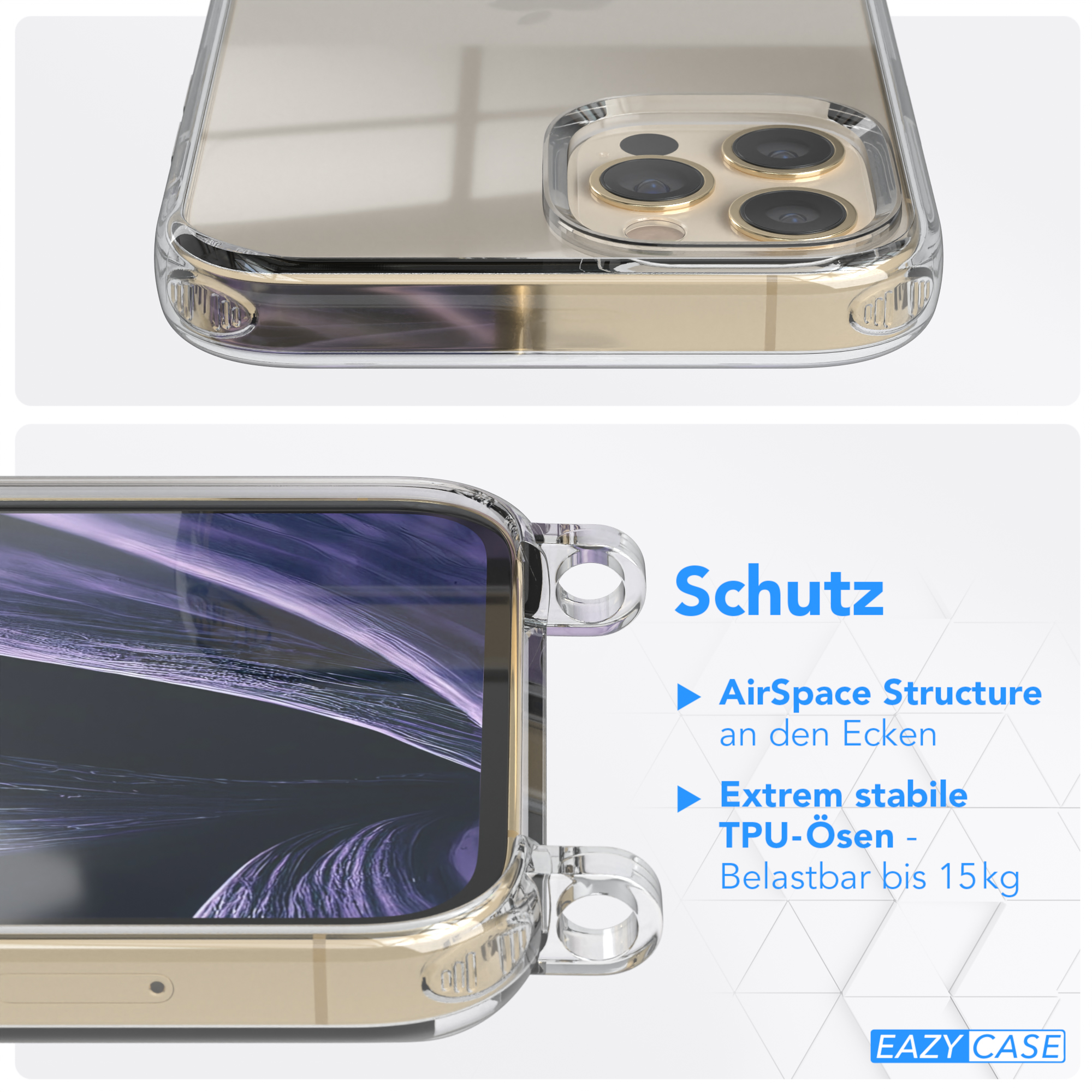 EAZY 12 Flieder / Transparente Pro, CASE Umhängetasche, Gold iPhone Handyhülle mit breiter + Kordel Karabiner, 12 Apple, /