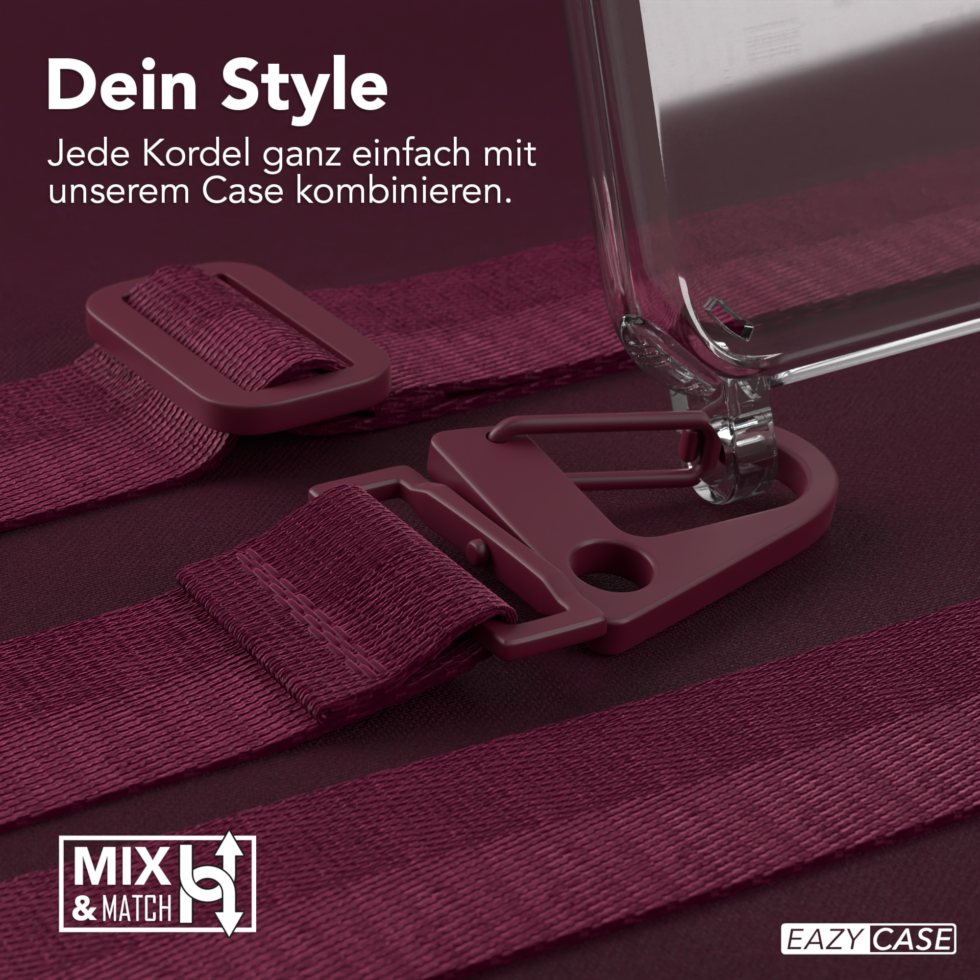 Nahaufnahme eines weinroten Riemens mit Schnalle und Verschluss. Oben ein klares Handycase.