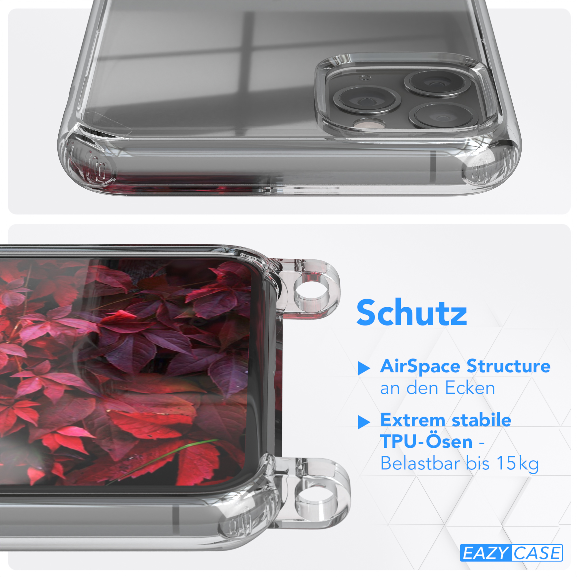 Transparente Kordel Karabiner, Handyhülle Umhängetasche, + EAZY Max, Burgundy Rot breiter 11 / mit Pro iPhone Apple, Beere CASE