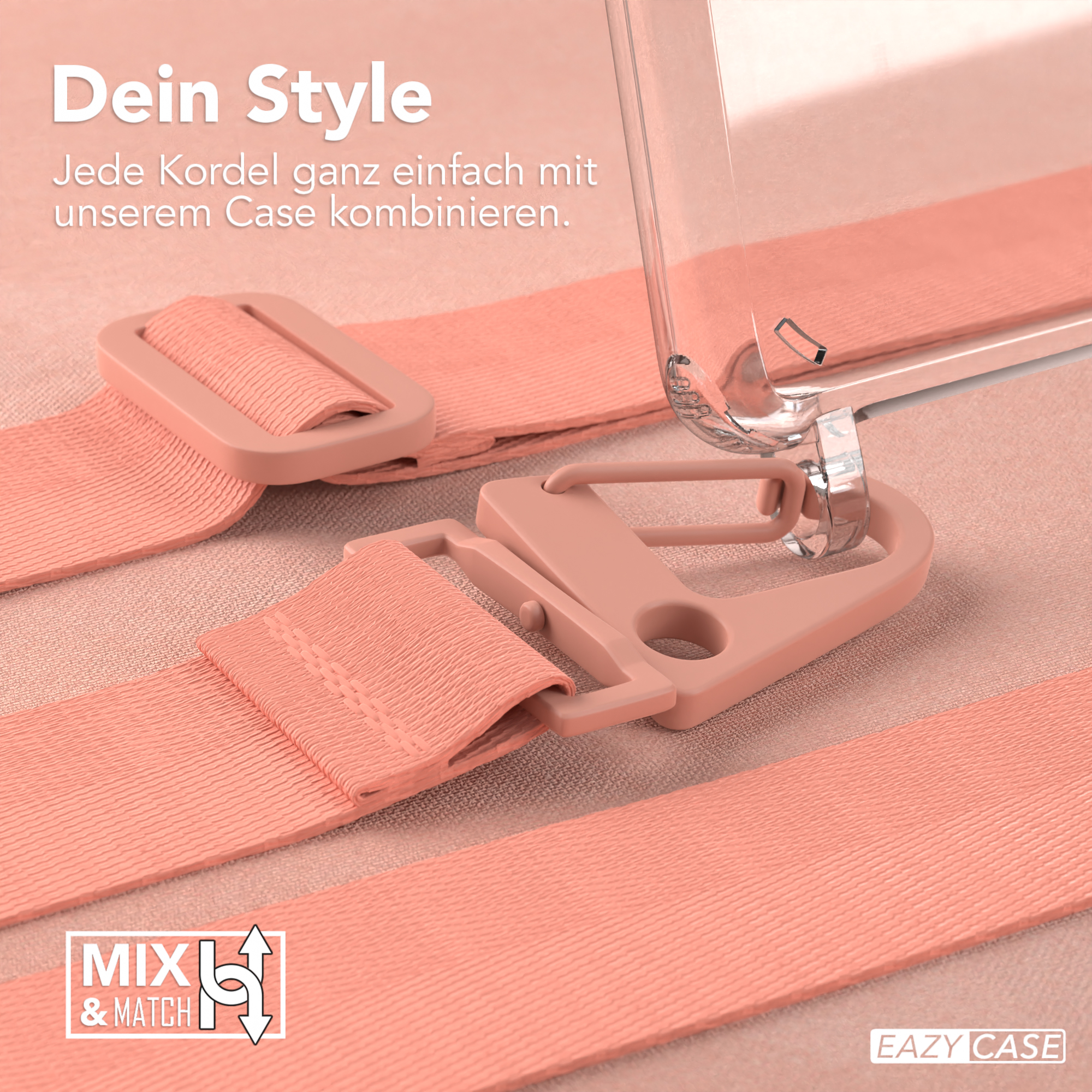 Rosa Handystrap mit Schnalle und Verschluss. Text lautet Mix&Match und Eazy Case.