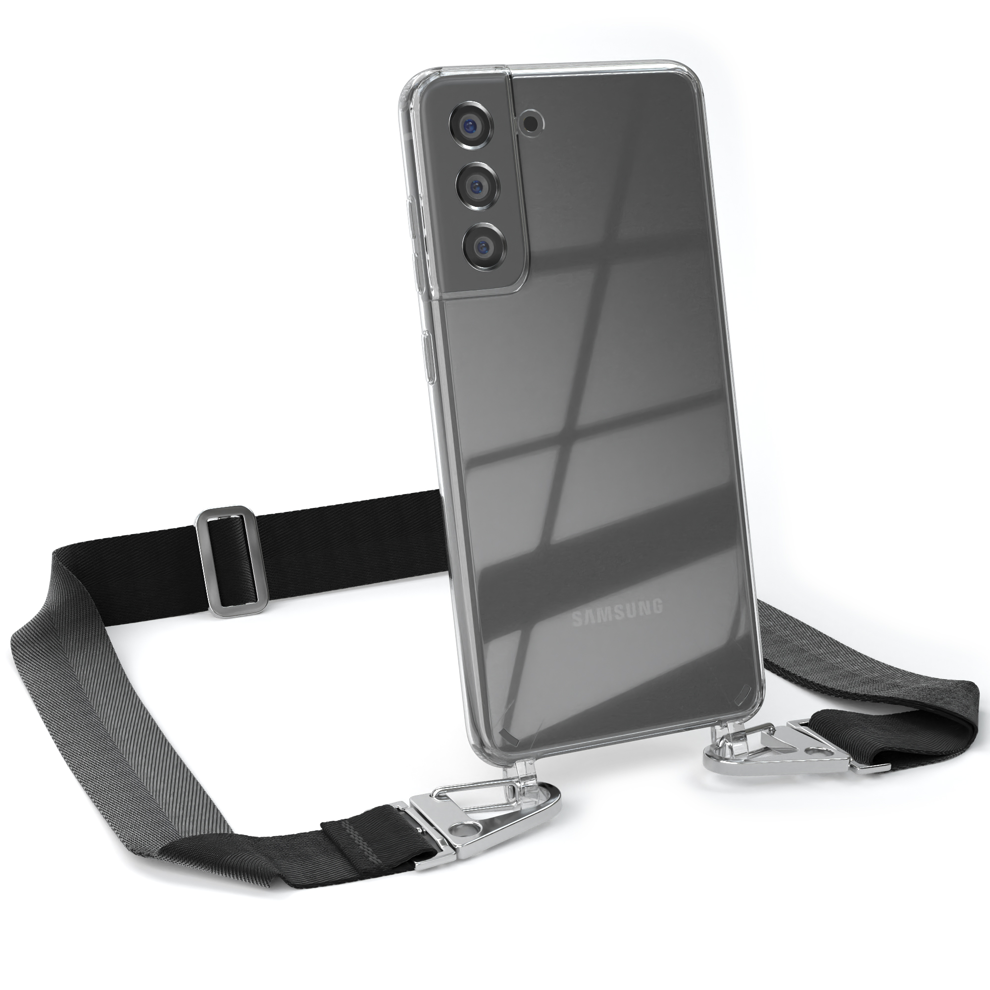 Silber Galaxy breiter CASE Umhängetasche, 5G, Samsung, Transparente EAZY mit S21 Karabiner, Kordel FE Schwarz + / Handyhülle