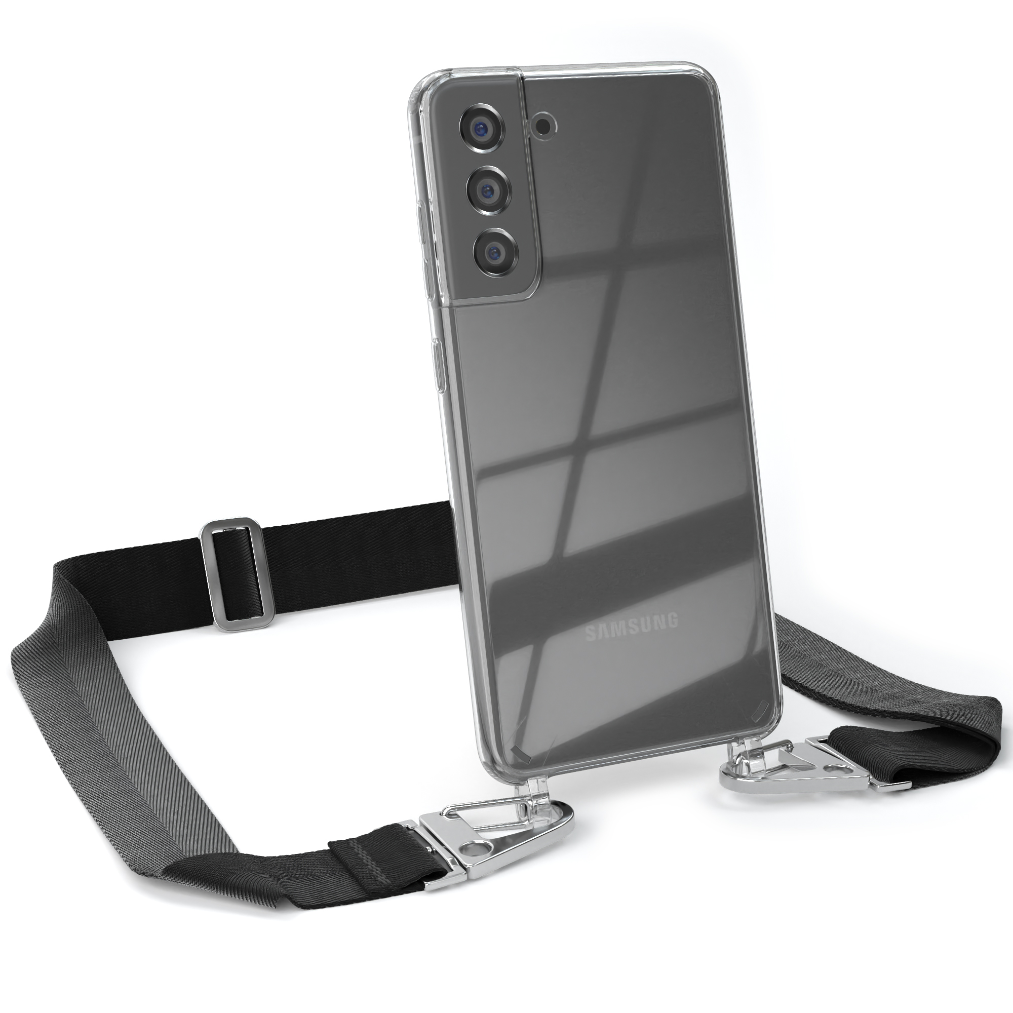 Transparente Handyhülle mit schwarzem Band. Telefon auf weißem Grund.