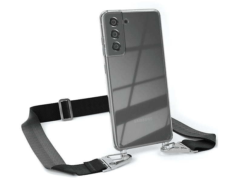 EAZY CASE Transparente Handyhülle mit breiter Kordel + Karabiner, Umhängetasche, Samsung, Galaxy S21 FE 5G, Schwarz / Silber