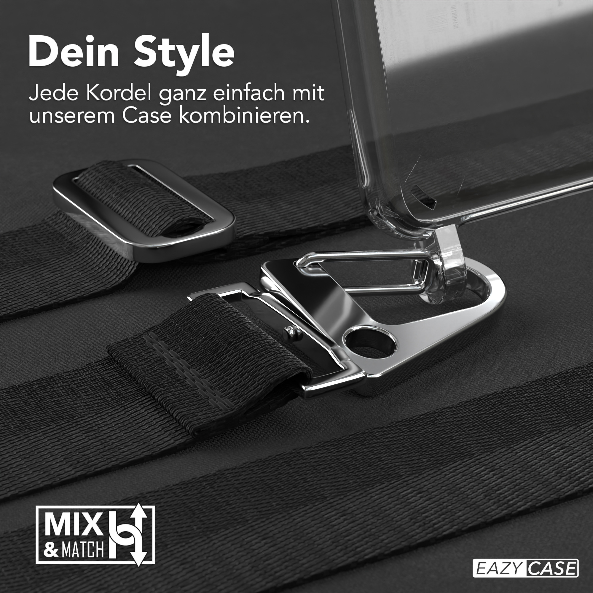 Nahaufnahme der Handyhülle mit Gurtbefestigungen. Text: Dein Style, kombiniere mit unserer Hülle, MXL & MATCH, Eazy Case.