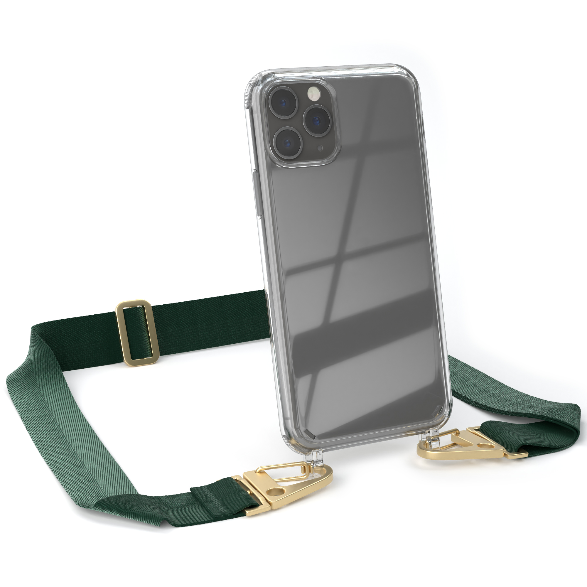Gold + Umhängetasche, Karabiner, 11 Pro, iPhone CASE mit Dunkel EAZY Handyhülle Grün Transparente / breiter Kordel Apple,