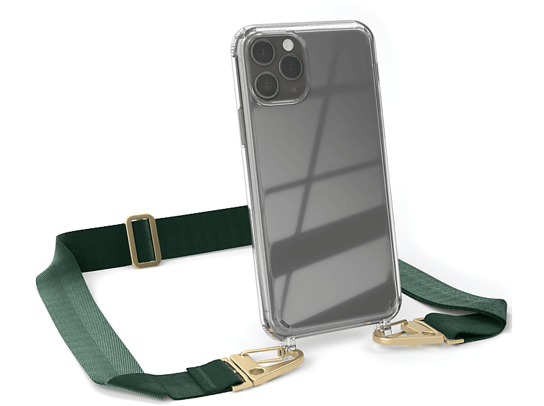 EAZY CASE Transparente Handyhülle mit breiter Kordel + Karabiner, Umhängetasche, Apple, iPhone 11 Pro, Dunkel Grün / Gold