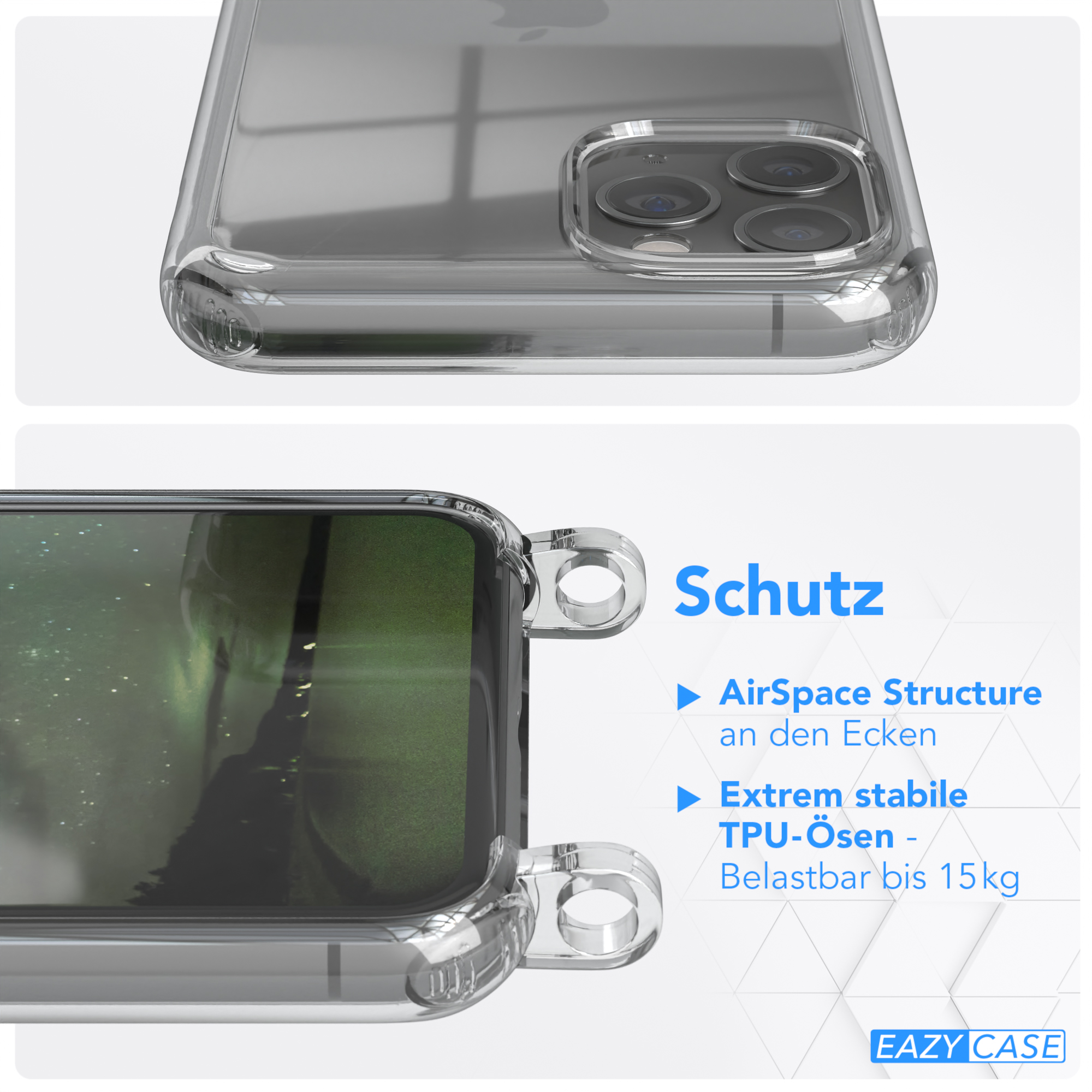 Transparente Handyhülle auf einem Telefon. Text über Schutzfunktionen und AirSpace Structure.
