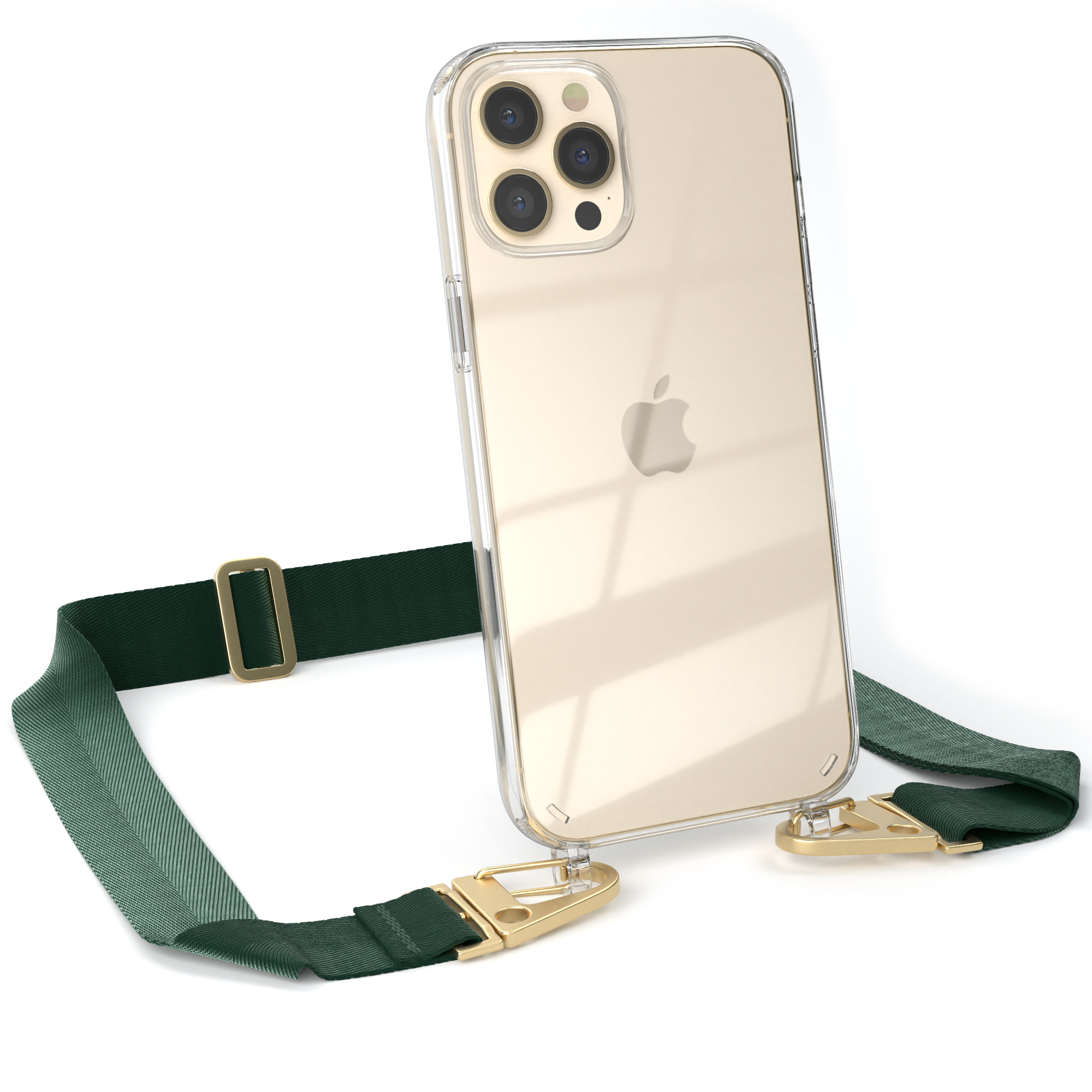 Telefon mit Riemen-Hülle, grüner Riemen und goldenen Verschlüssen. Weißer Hintergrund.
