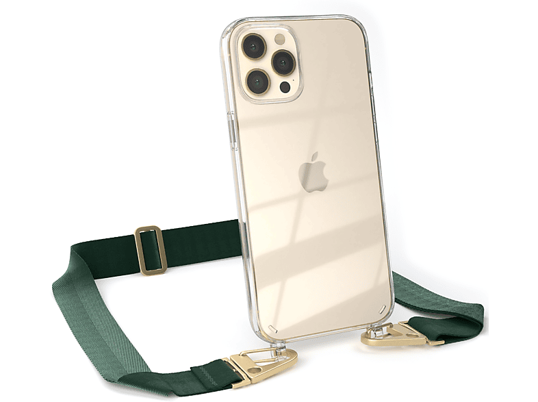 EAZY CASE Umhängetasche, Pro breiter Grün / + Gold 12 Dunkel Max, Transparente Handyhülle Apple, Karabiner, iPhone Kordel mit