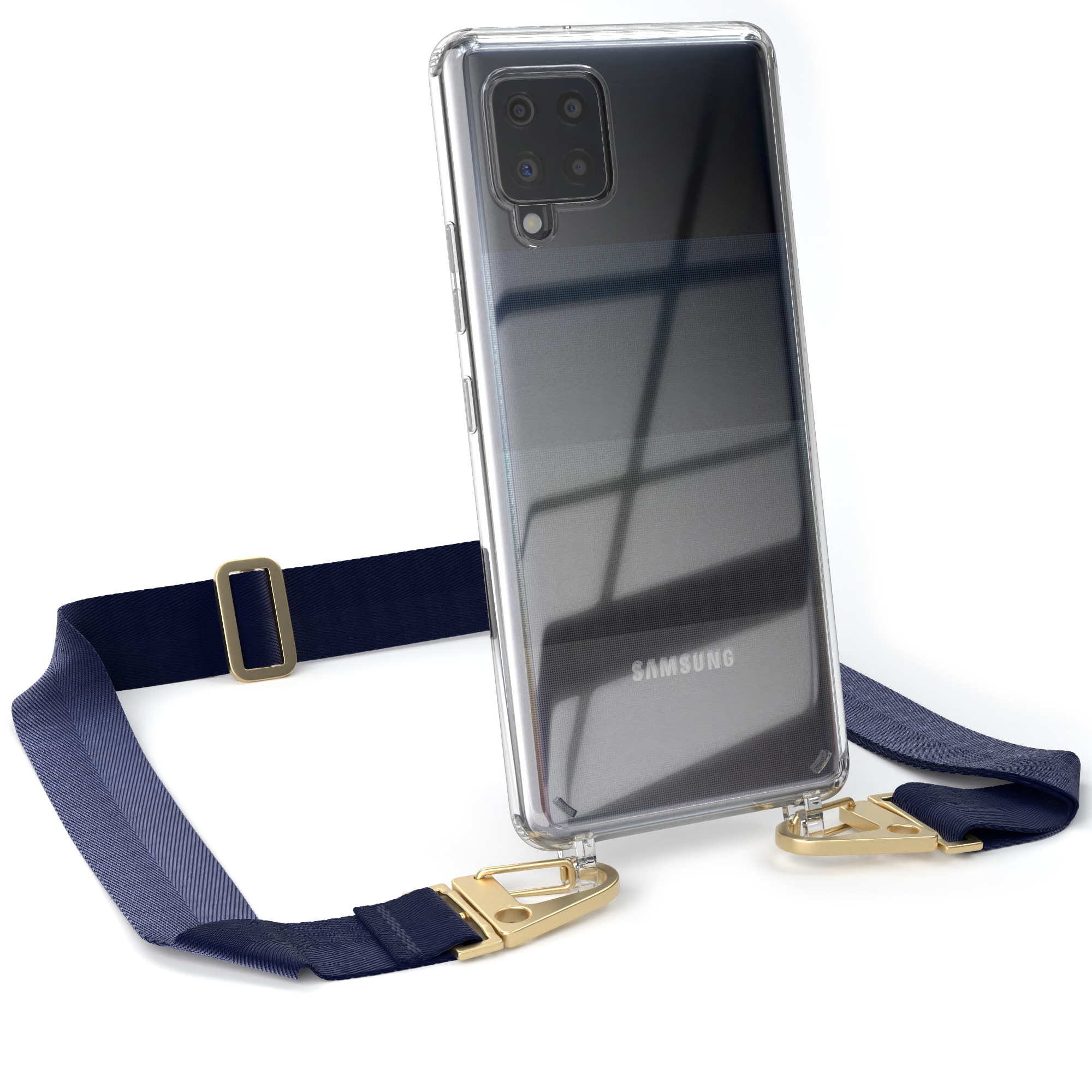 Transparente Handyhülle mit marineblauem Riemen und goldenen Verschlüssen. Das Telefon ist schwarz, weißer Hintergrund.