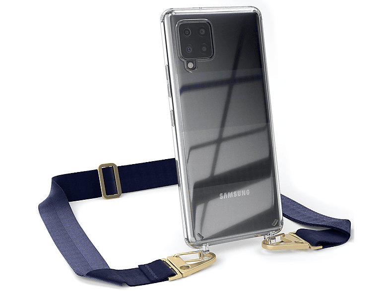 EAZY CASE Transparente Handyhülle mit breiter Blau Gold Umhängetasche, Karabiner, 5G, Galaxy Dunkel / + A42 Samsung, Kordel