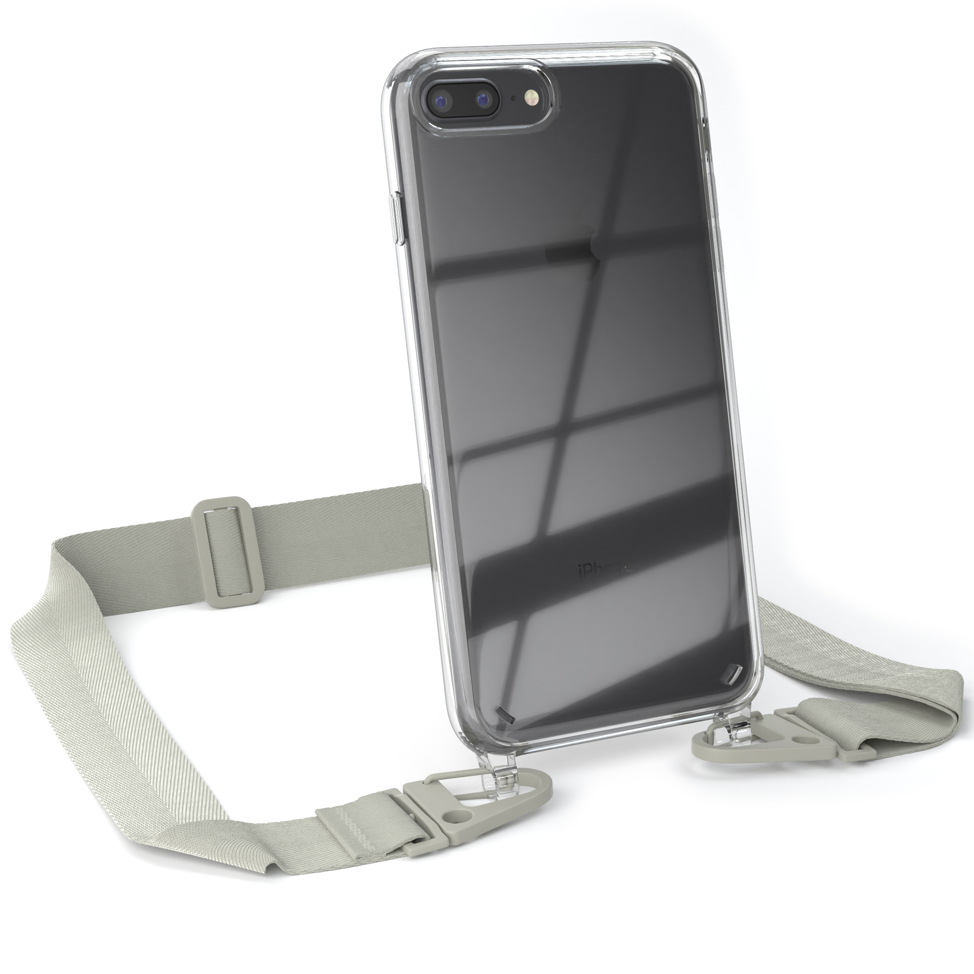 Ein Telefon in einer transparenten Hülle mit einem hellgrauen Riemen. Das Telefon hängt, der Riemen ist an der Hülle befestigt.