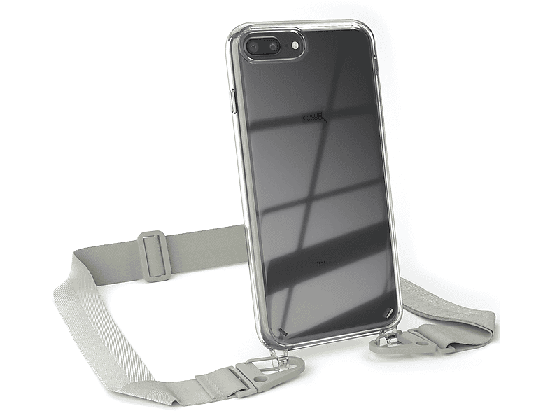 EAZY CASE Transparente Handyhülle mit breiter Kordel + Karabiner, Umhängetasche, Apple, iPhone 8 Plus / 7 Plus, Beige Grau / Taupe