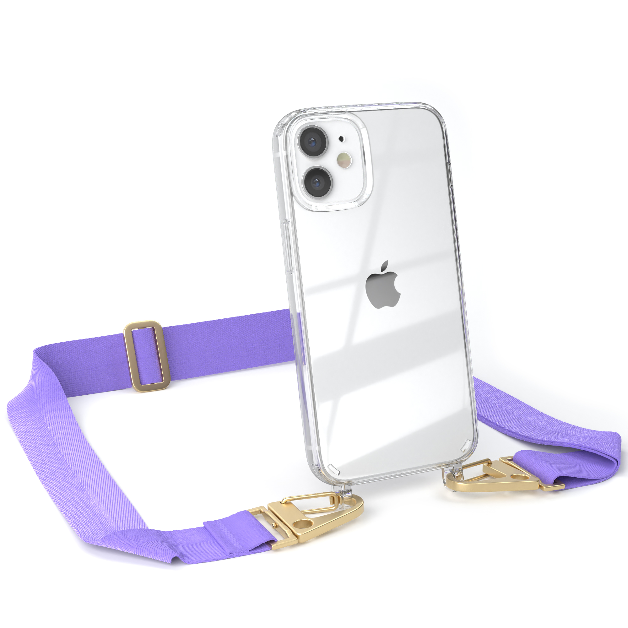 Transparente Handyhülle mit lila Band und goldener Hardware auf einem iPhone 12, weißer Hintergrund.