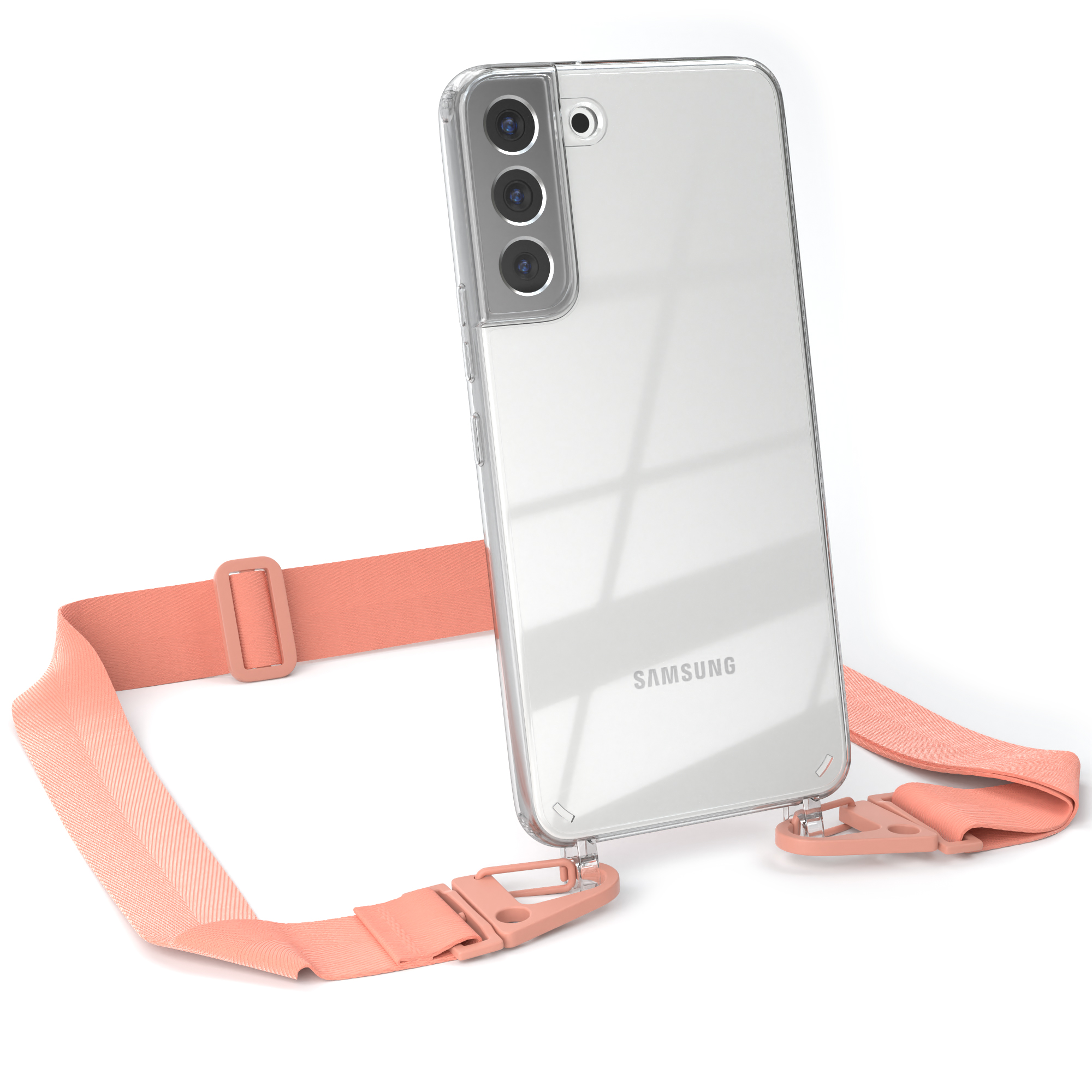 Transparente Handyhülle mit Pfirsichband und einem Samsung-Handy darin.