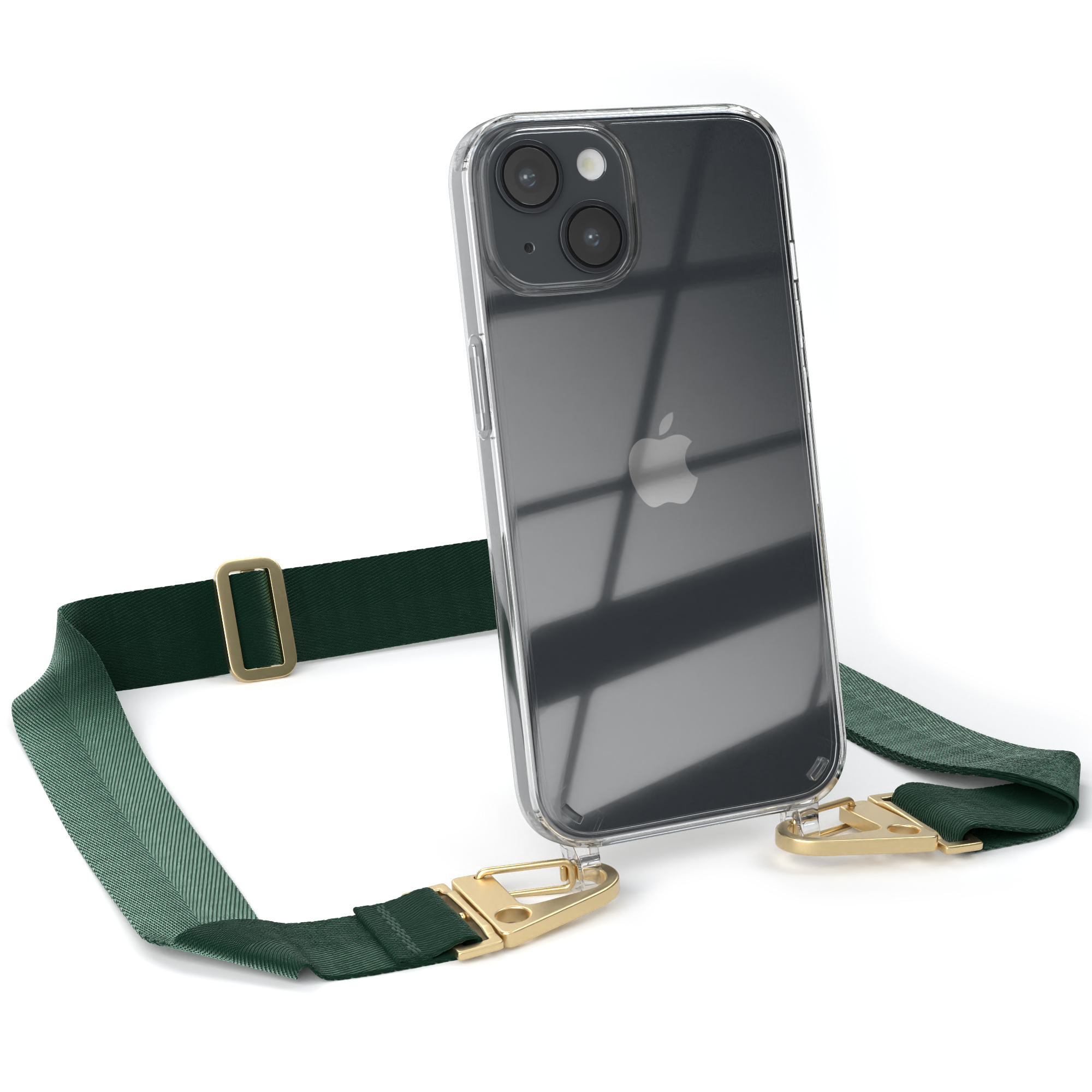 Transparente Handyhülle mit grünem Riemen und goldfarbener Hardware.