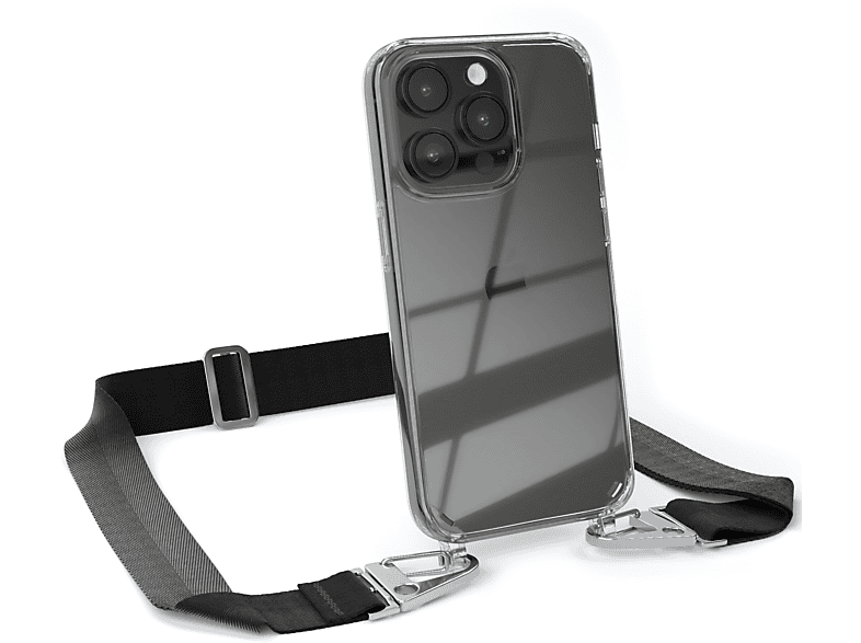 Apple, Pro, mit 14 + iPhone Transparente Silber Kordel / Umhängetasche, Handyhülle Schwarz breiter Karabiner, CASE EAZY