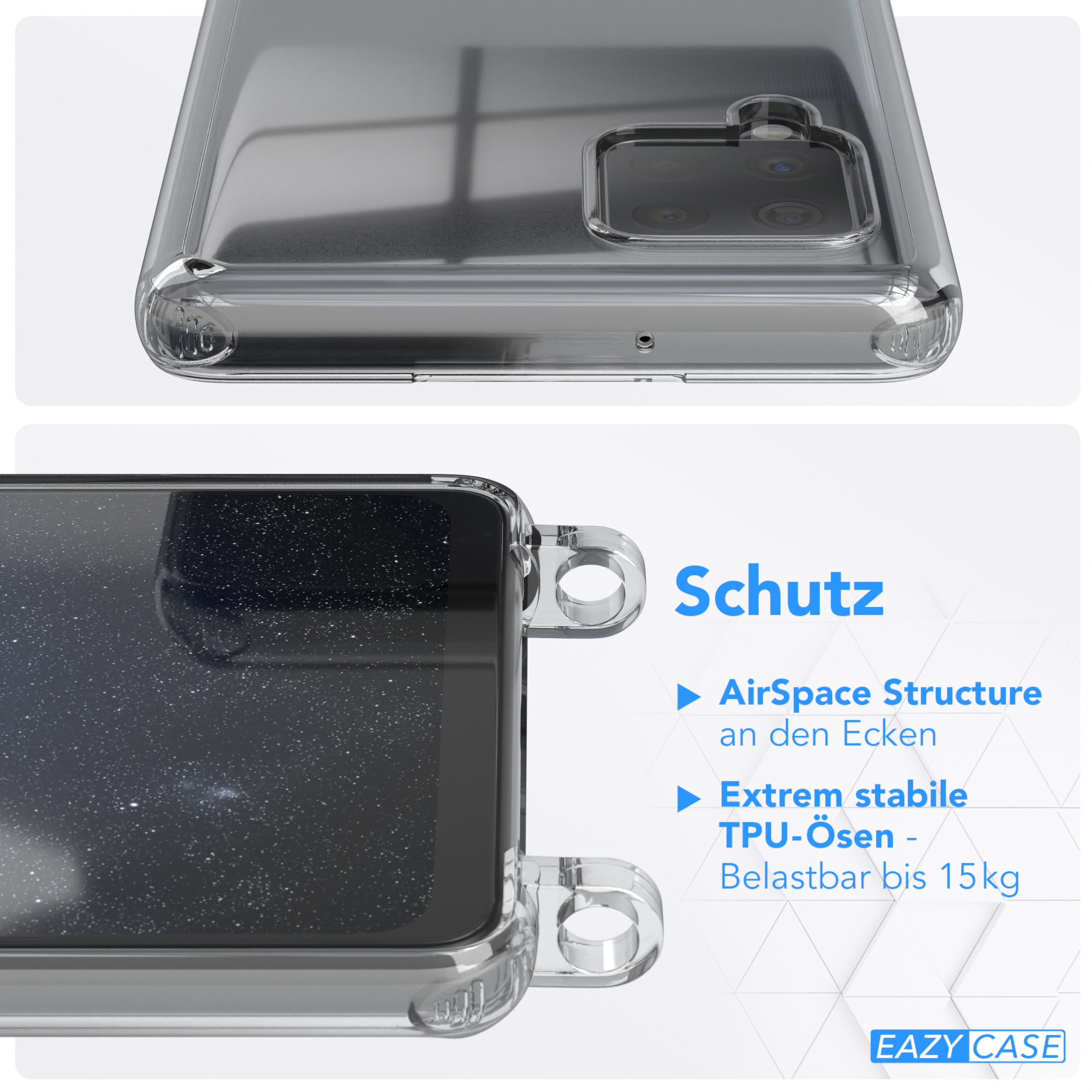 Nahaufnahme einer transparenten Handyhülle mit Text über ihre Eigenschaften und einem Telefon.