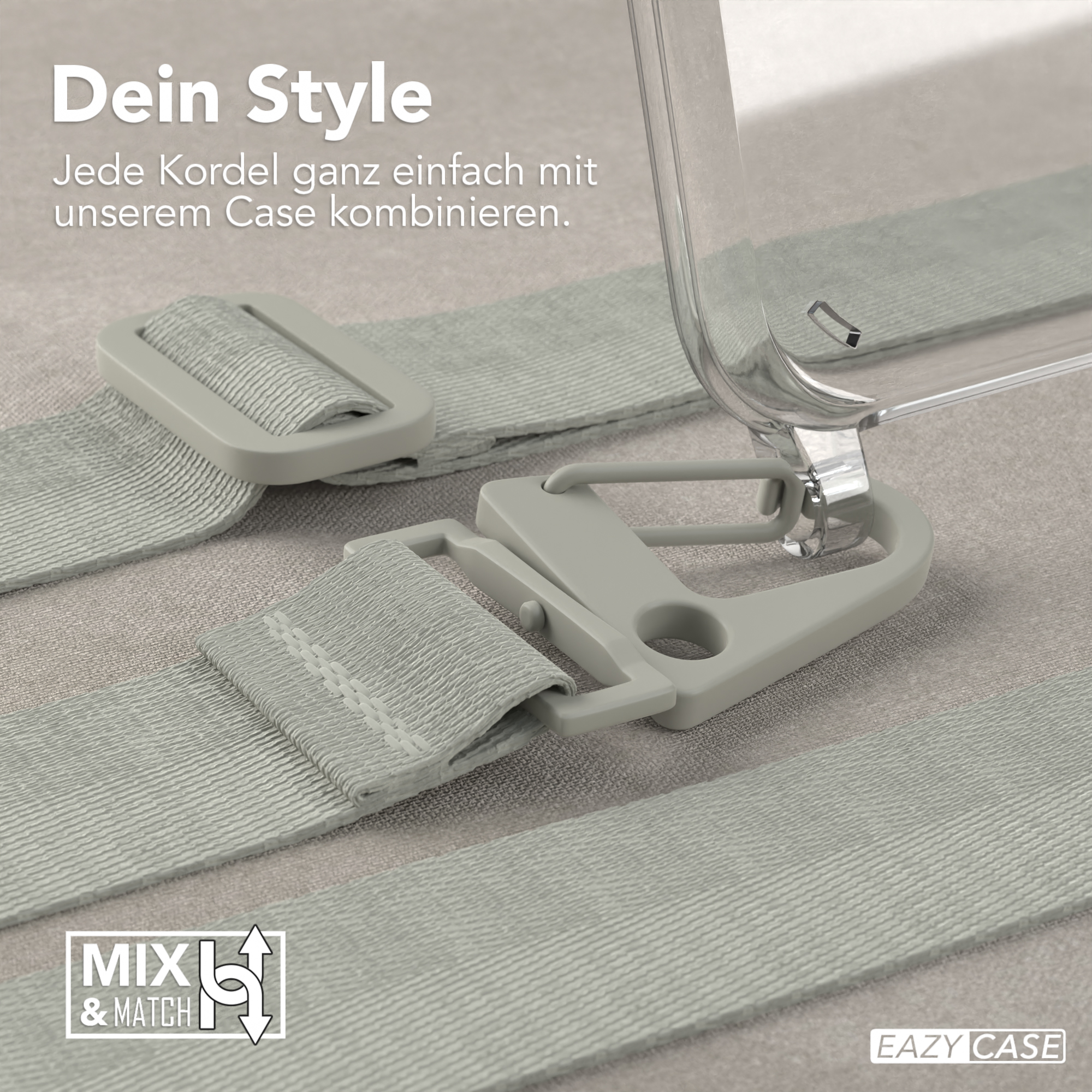 Graues Handycase mit grauem Gurt und Schnalle, auf grauer Oberfläche. Text auf Deutsch.