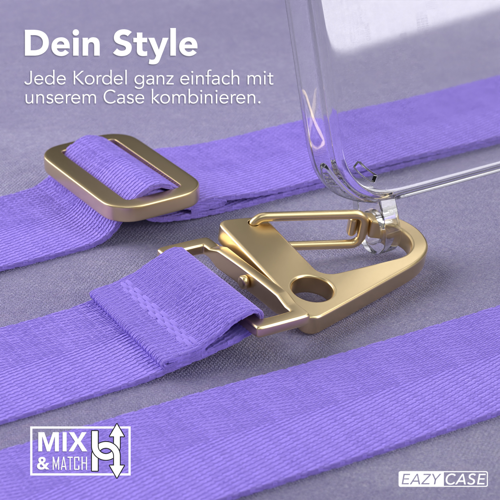 Lila Handy-Trageschlaufe mit goldenen Haken. Transparente Handyhülle mit goldenen Aufsätzen. Mix & Match Logo.