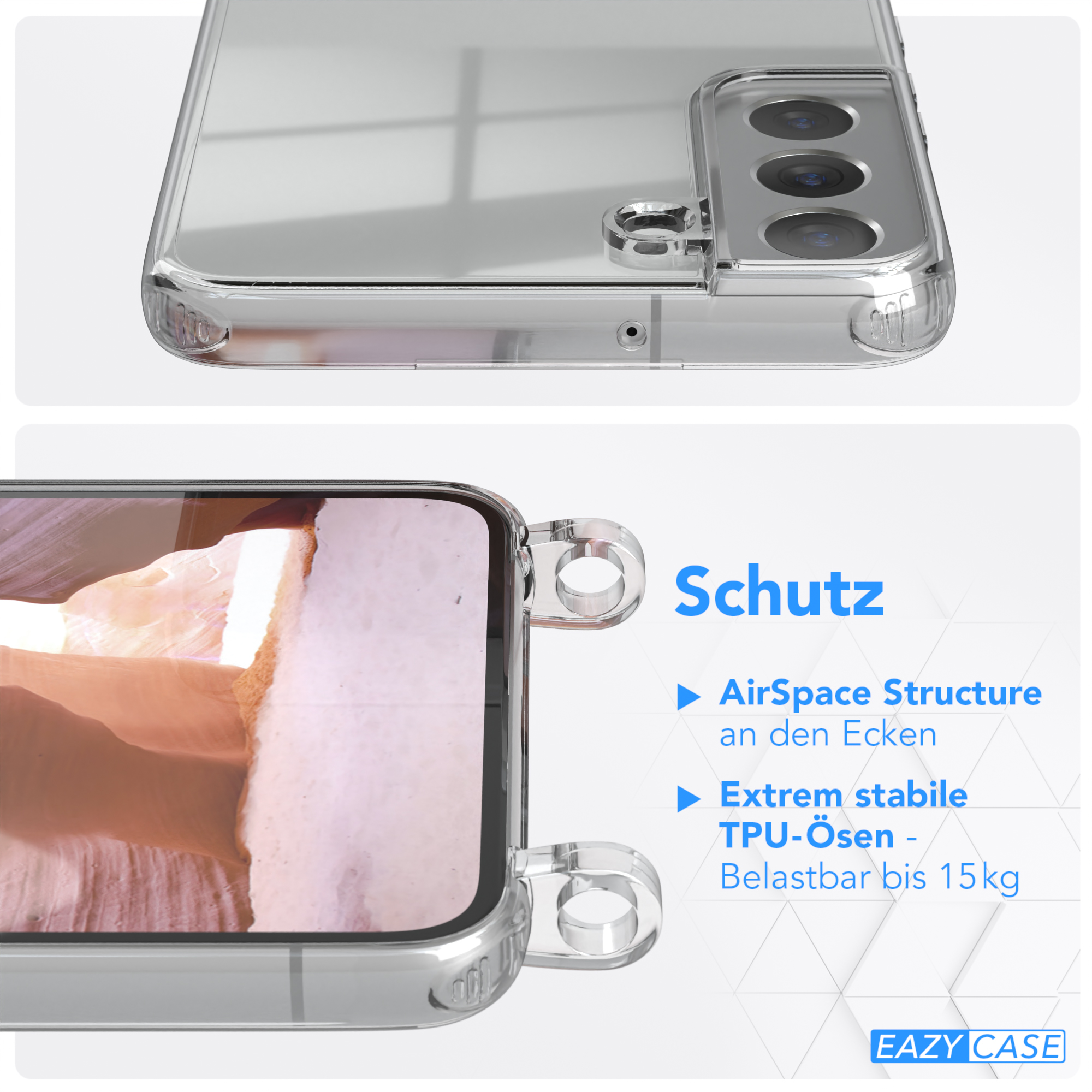 Nahaufnahme einer Handyhülle, die die Schutzfunktionen zeigt. Text über AirSpace und TPU.