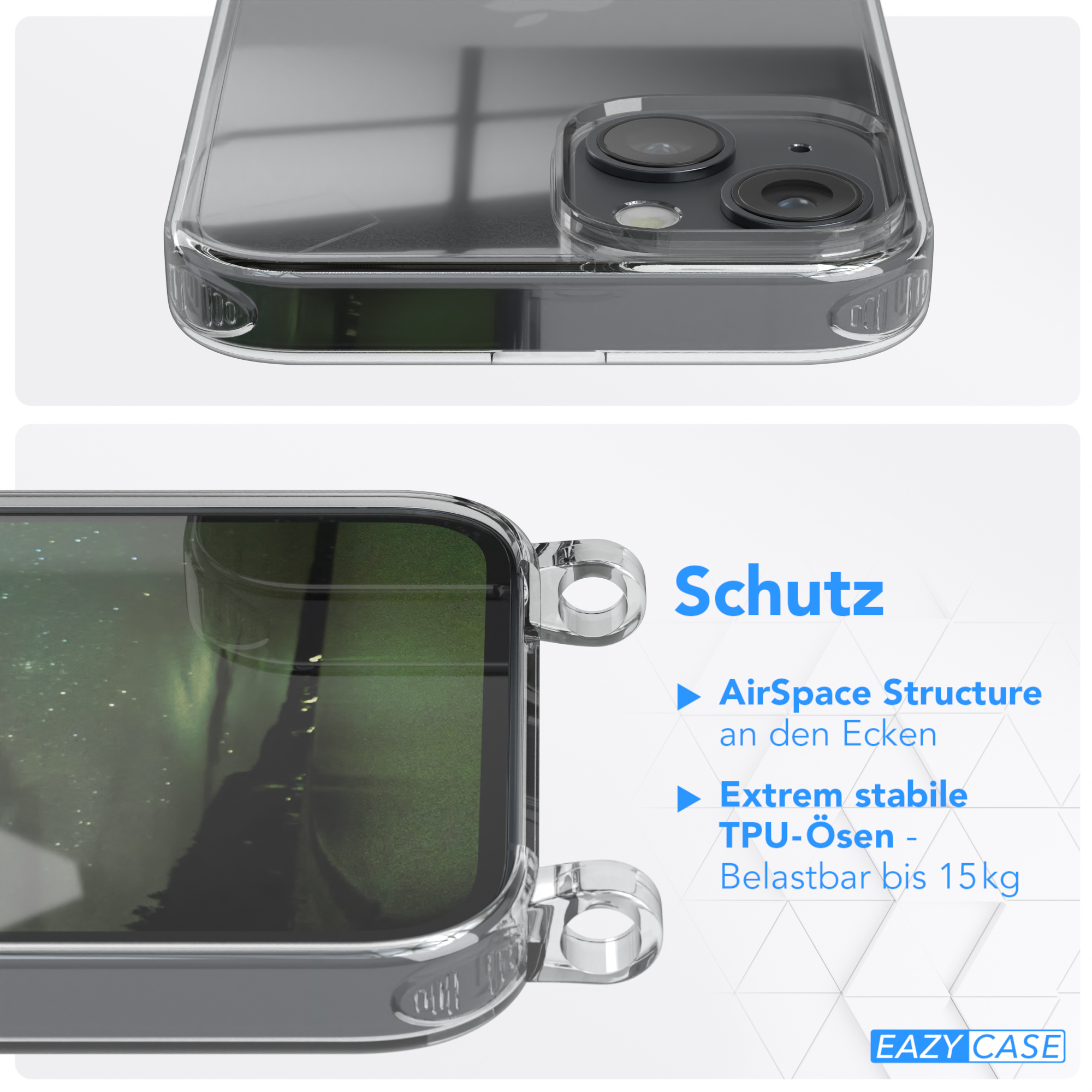 Nahaufnahme einer Handyhülle. Die Hülle ist transparent mit einem transparenten Telefon, mit Text über Schutz.