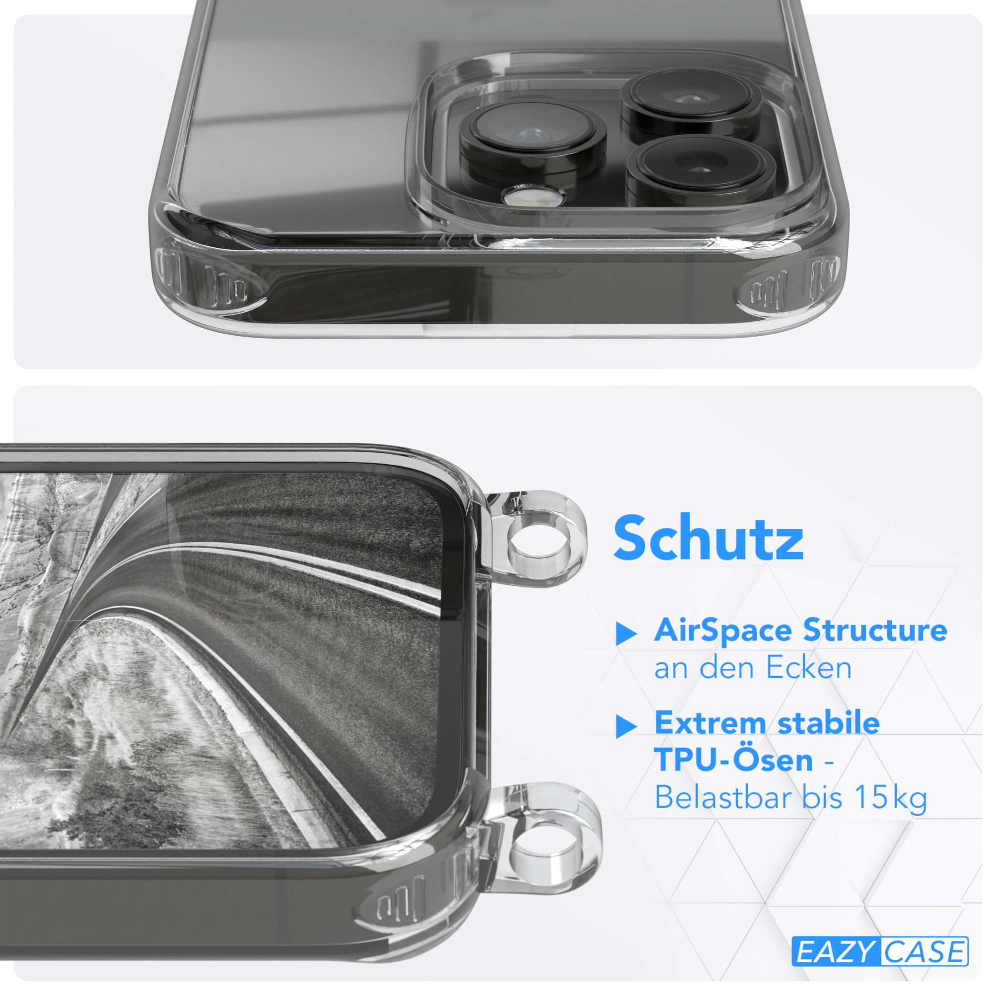 Transparente Handyhülle mit abgerundeten Kanten. Text: AirSpace Structure, Extrem stabile TPU-Ösen. Weißer Hintergrund.