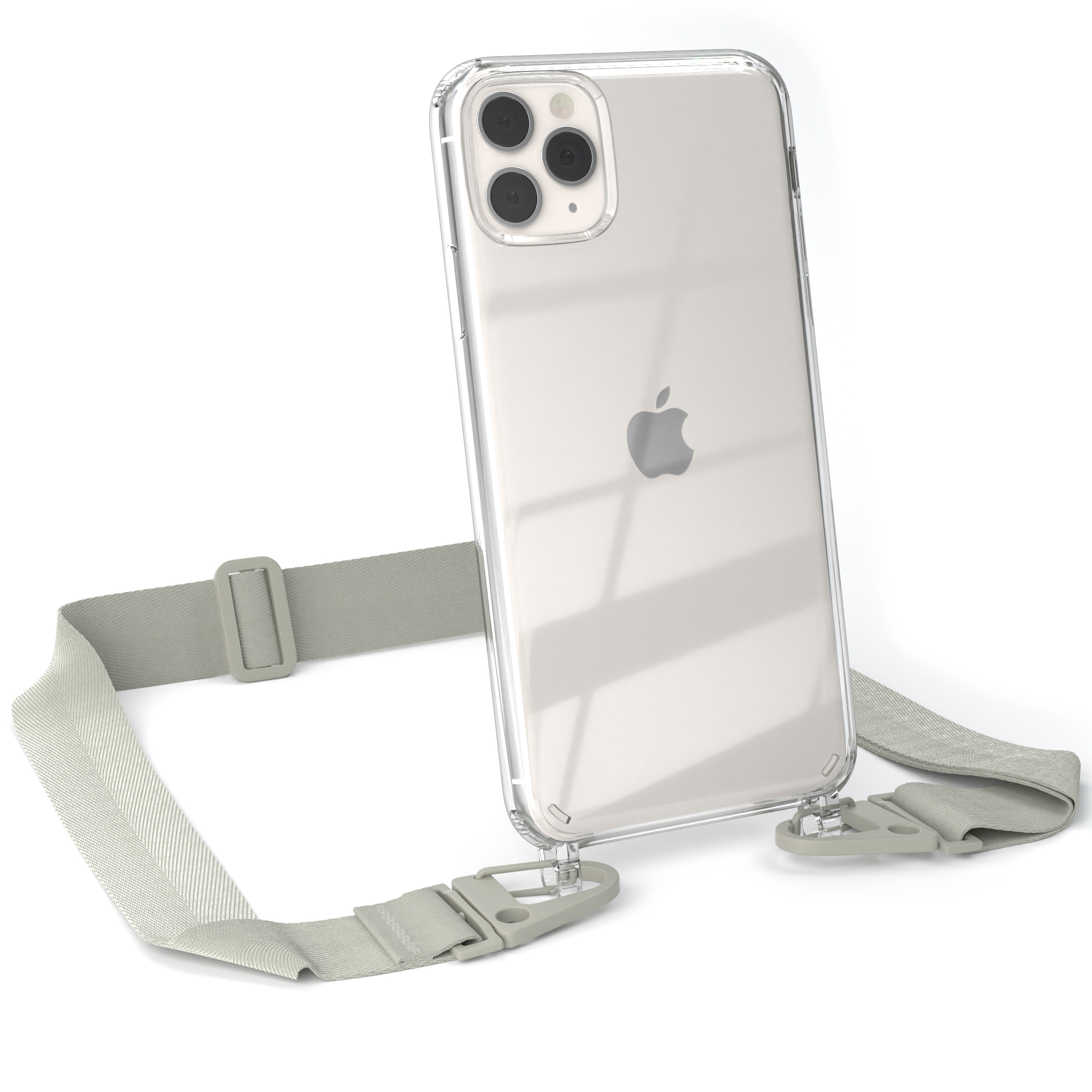 Transparente Handyhülle mit grauem Band und Verschlüssen, an einem iPhone.