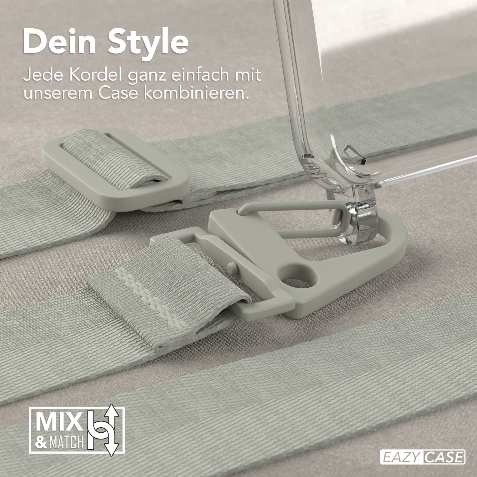 Nahaufnahme eines Handyhüllenriemens. Grauer Riemen und Schnalle, transparente Handyhülle.
